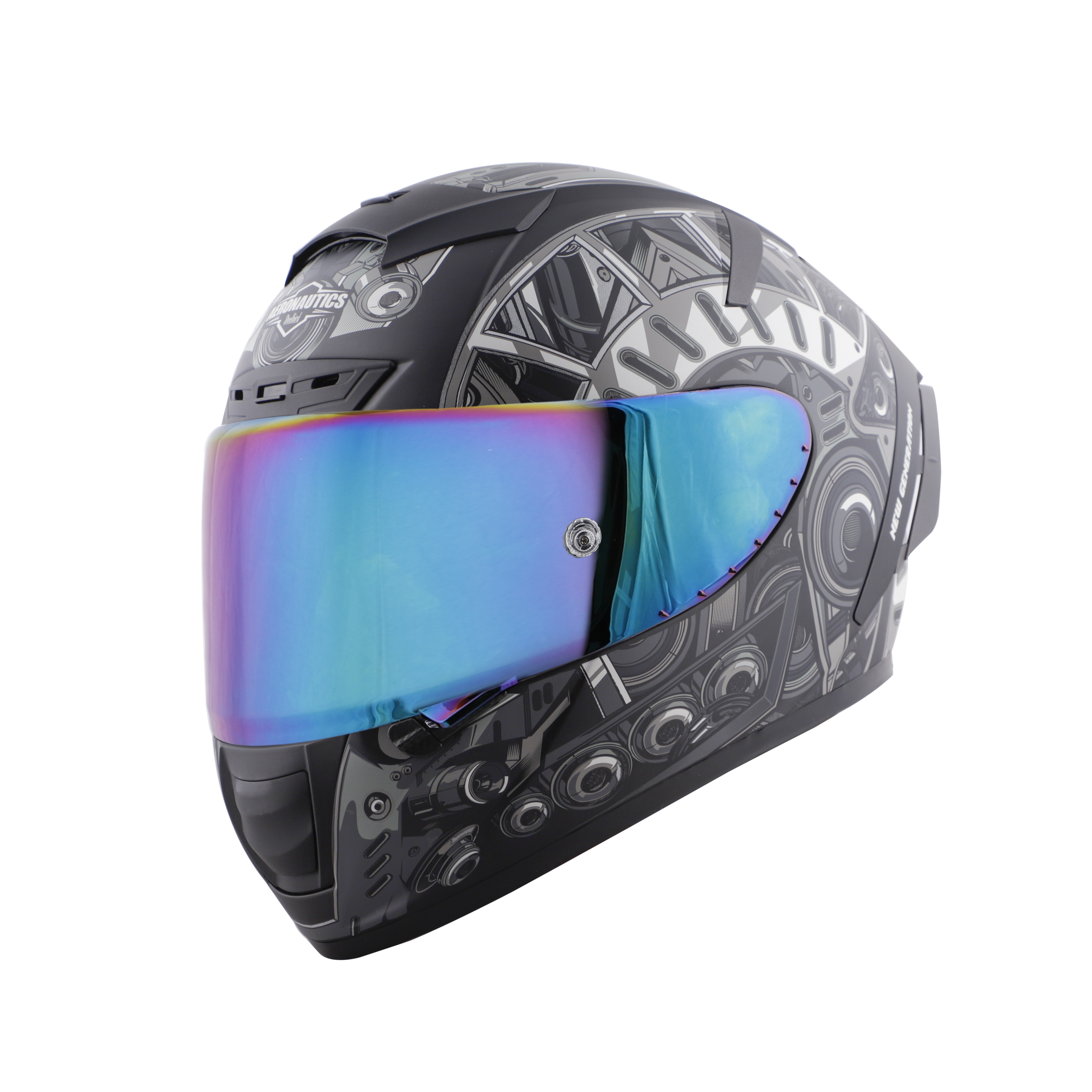 SA-2 TERMINATOR 2.0 MAT BLACK WITH GREY FITTED WITH CLEAR VISOR EXTRA RAINBOW CHROME VISOR FREE (WITH ANTI-FOG SHIELD HOLDER)