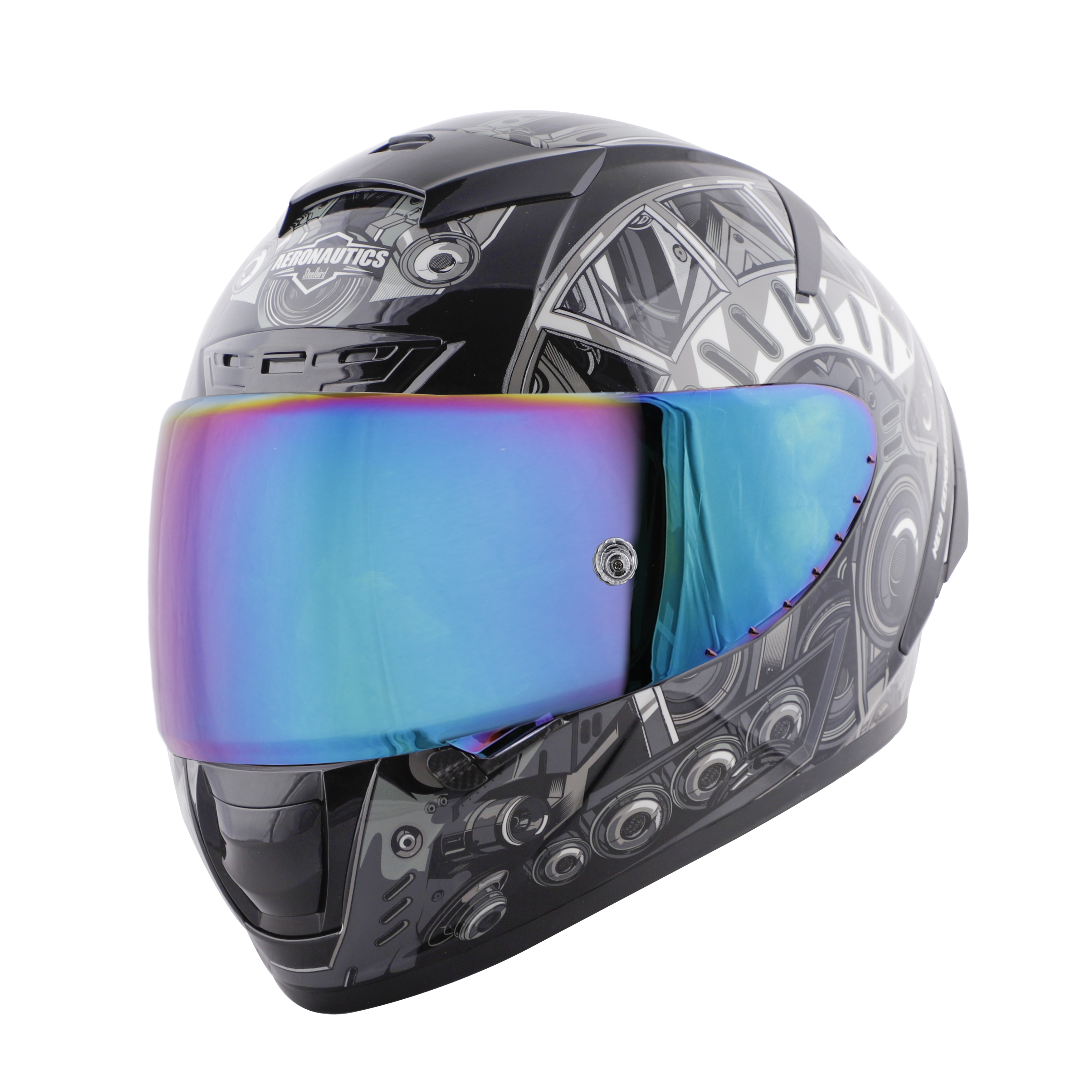 SA-2 TERMINATOR 2.0 GLOSSY BLACK WITH GREY FITTED WITH CLEAR VISOR EXTRA RAINBOW CHROME VISOR FREE (WITH ANTI-FOG SHIELD HOLDER)