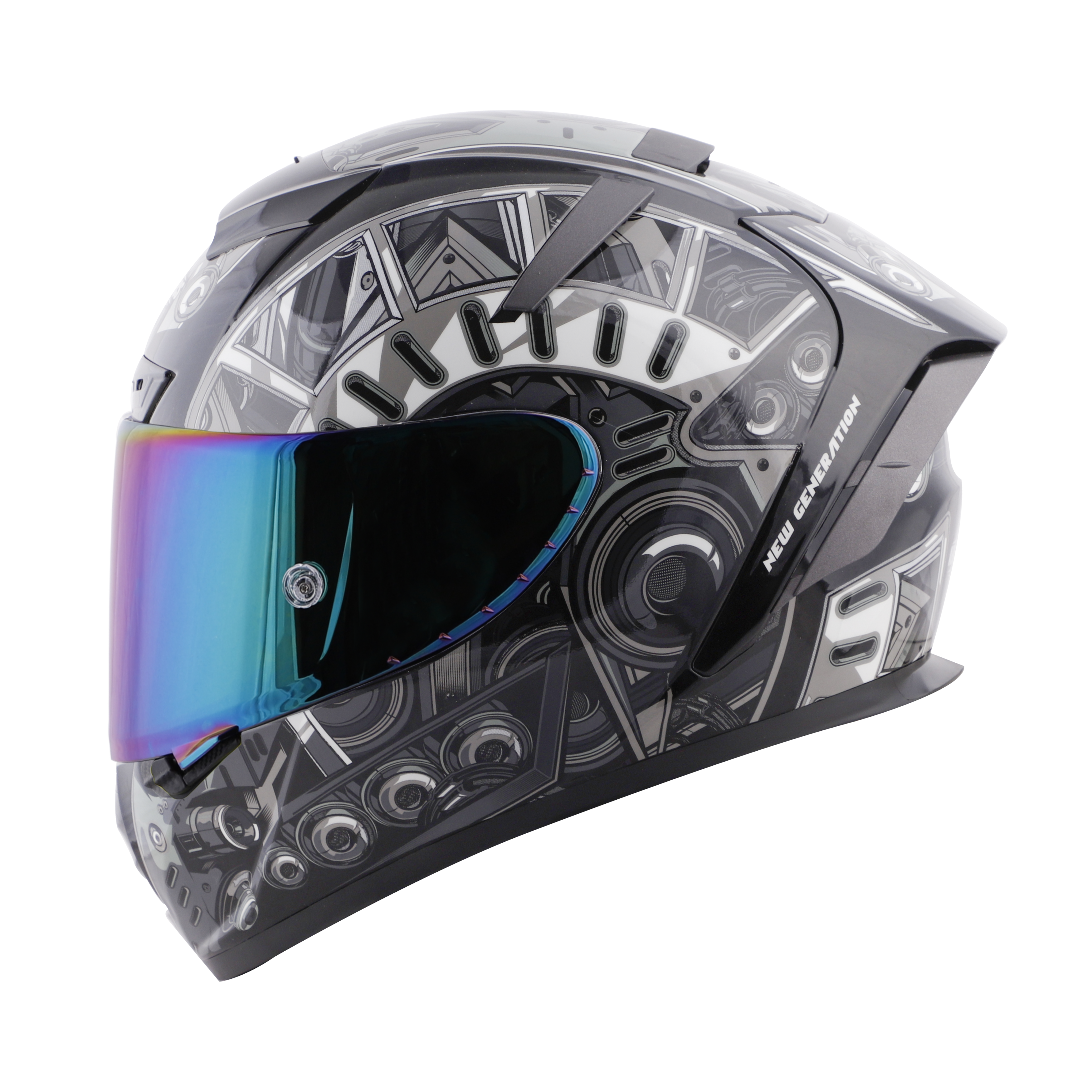 SA-2 TERMINATOR 2.0 GLOSSY BLACK WITH GREY FITTED WITH CLEAR VISOR EXTRA RAINBOW CHROME VISOR FREE (WITH ANTI-FOG SHIELD HOLDER)