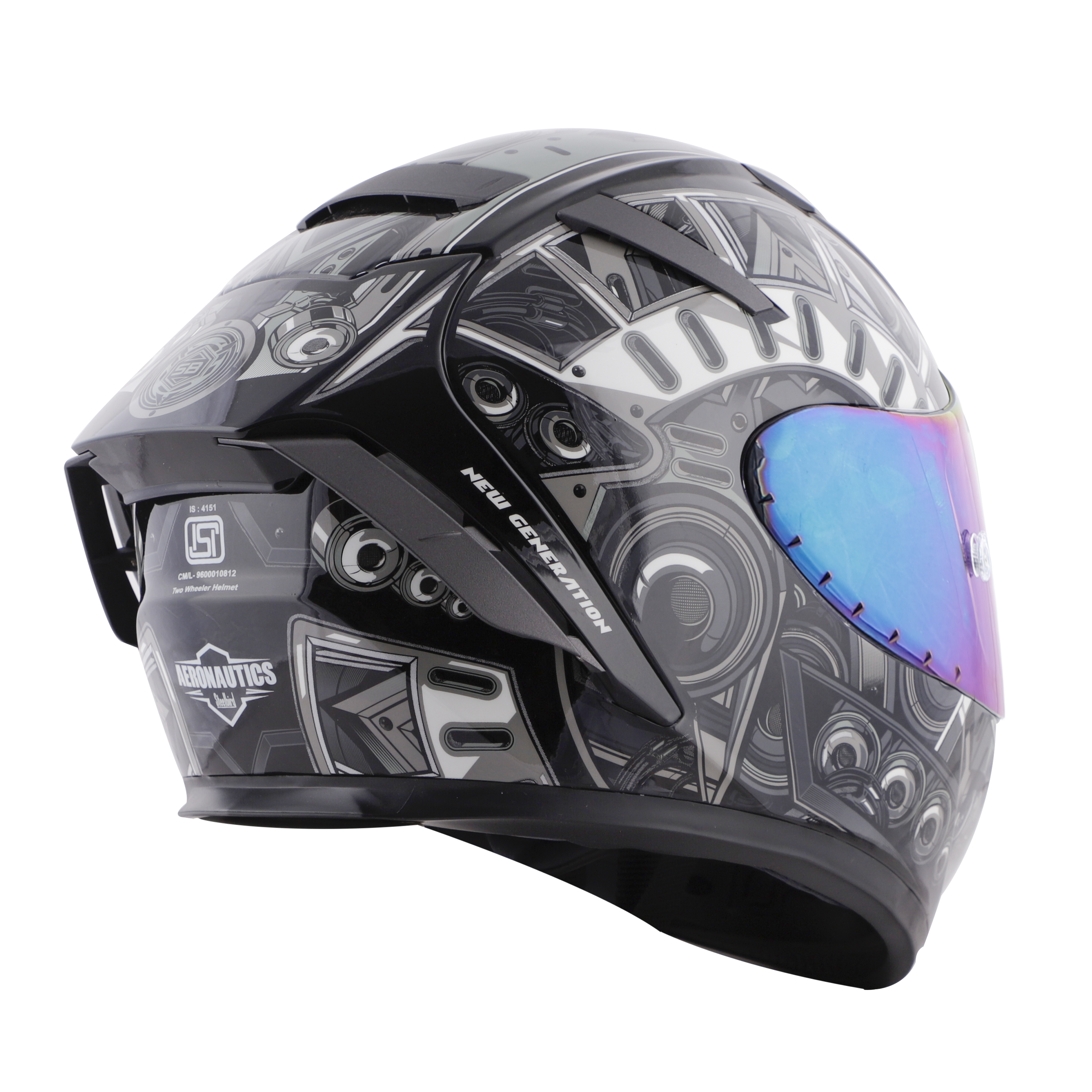 SA-2 TERMINATOR 2.0 GLOSSY BLACK WITH GREY FITTED WITH CLEAR VISOR EXTRA RAINBOW CHROME VISOR FREE (WITH ANTI-FOG SHIELD HOLDER)