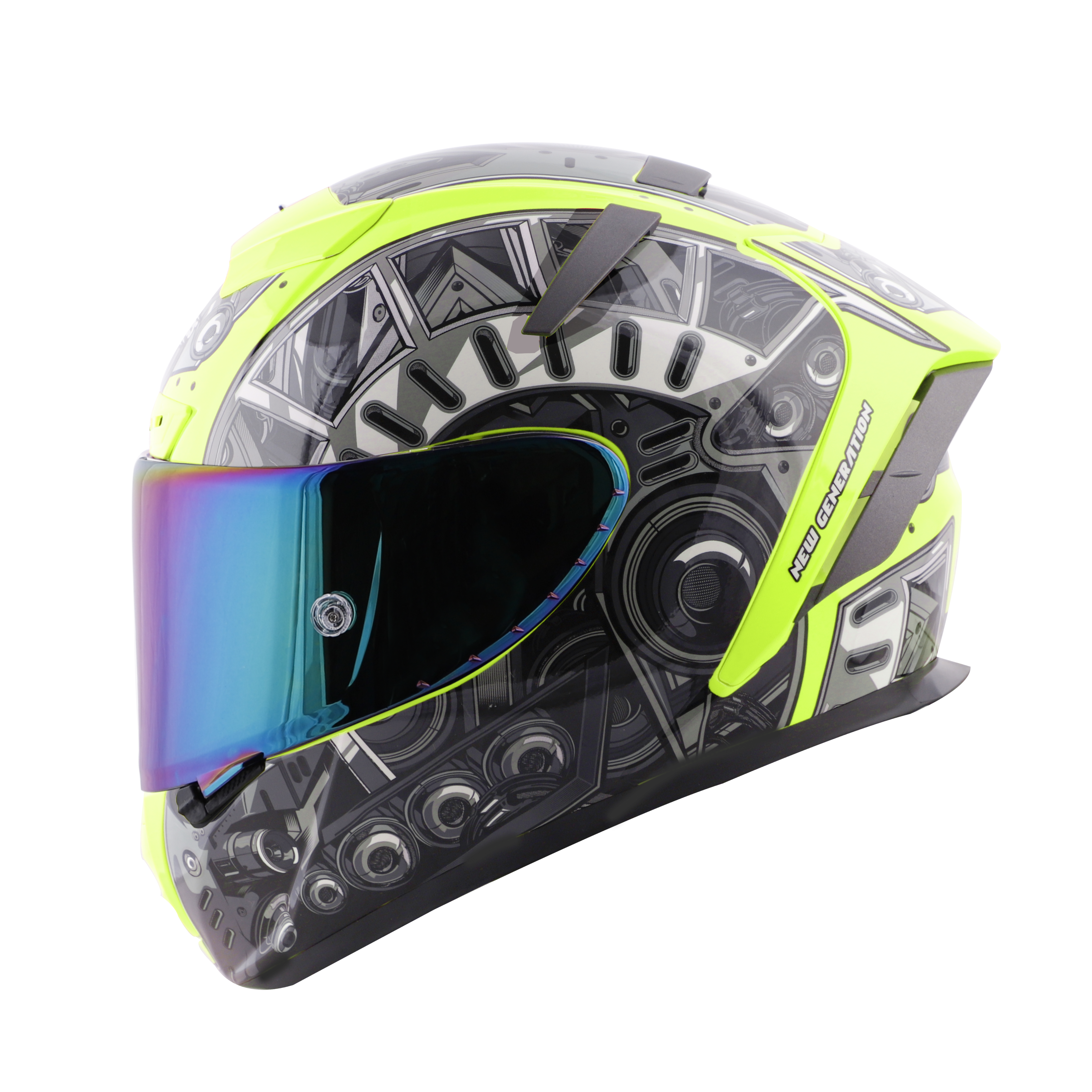 SA-2 TERMINATOR 2.0 GLOSSY FLUO NEON WITH GREY FITTED WITH CLEAR VISOR EXTRA RAINBOW CHROME VISOR FREE (WITH ANTI-FOG SHIELD HOLDER)