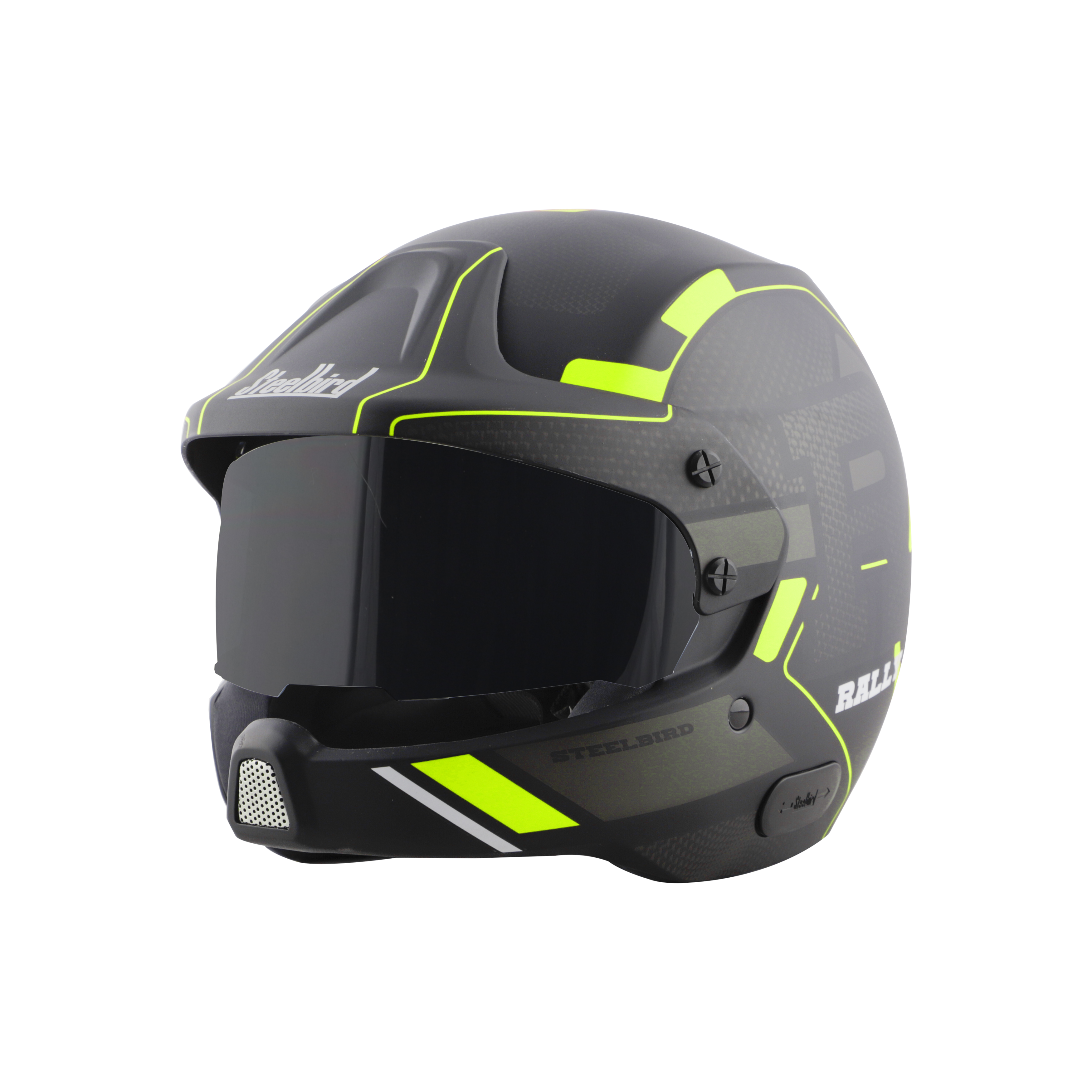 Steelbird 7Wings Rally Beat Open Face ISI Certified Off Road Helmet (Matt Black Neon With Smoke Visor)