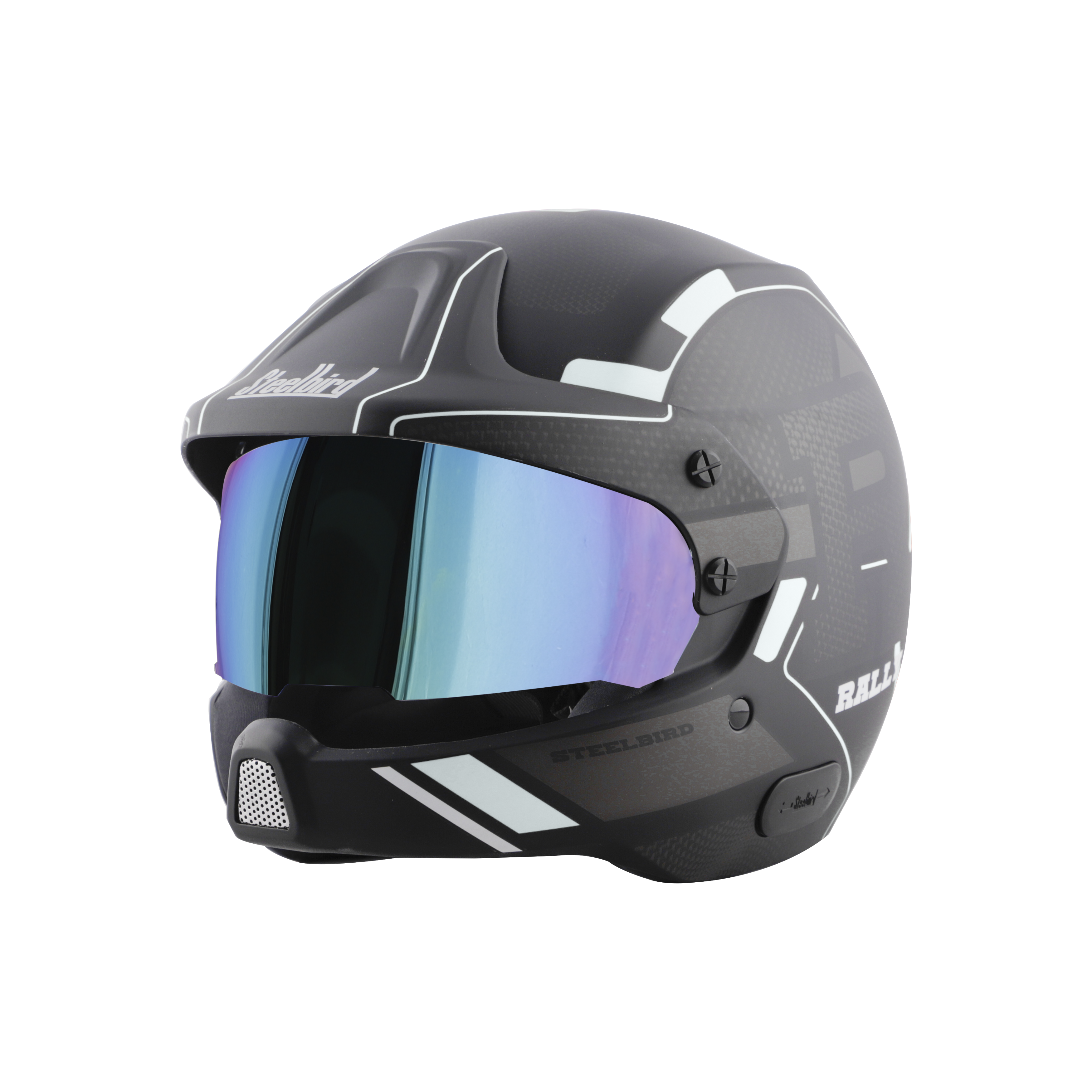 Steelbird 7Wings Rally Beat Open Face ISI Certified Off Road Helmet (Matt Black Silver with Chrome Blue Visor)