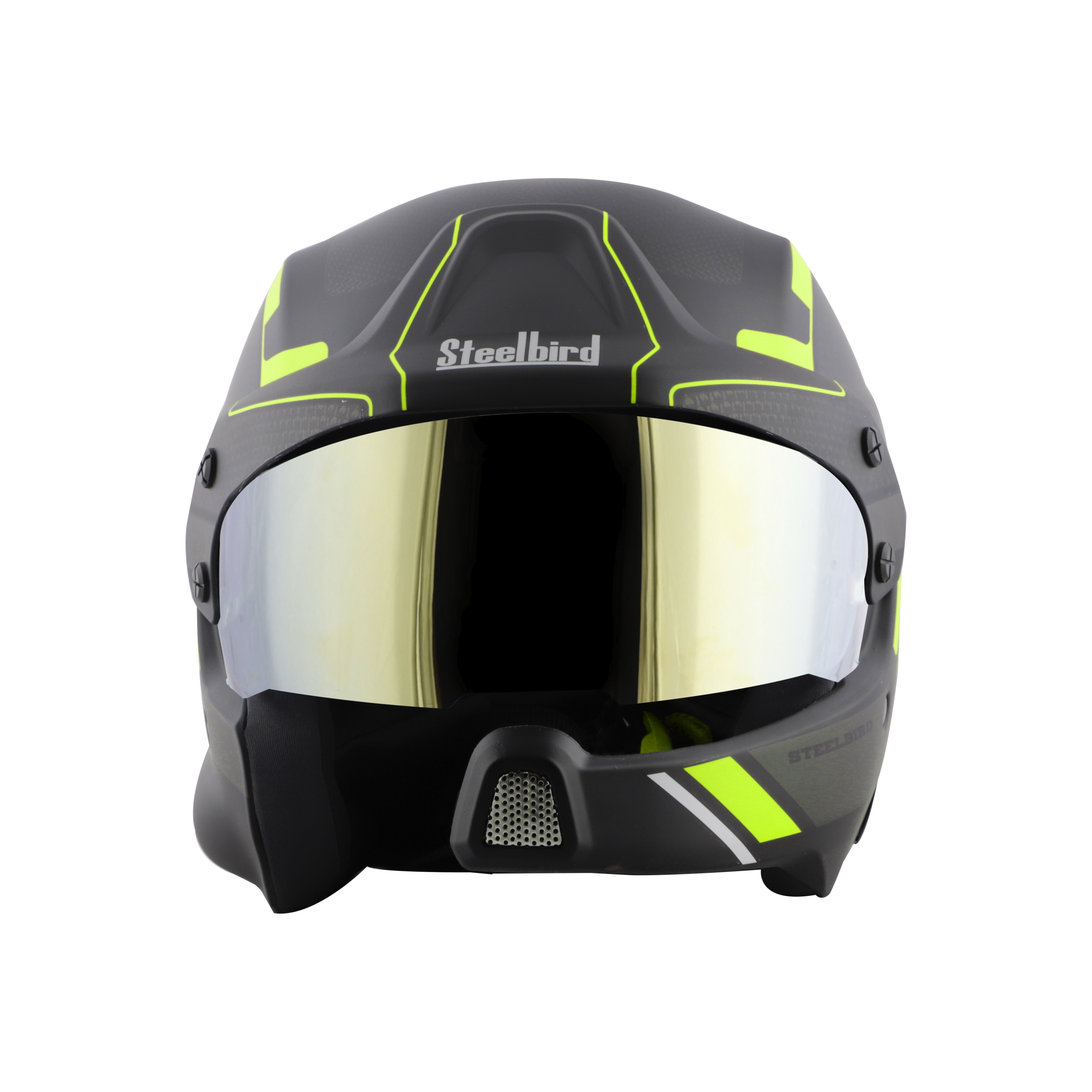 Steelbird 7Wings Rally Beat Open Face ISI Certified Off Road Helmet (Matt Black Neon With Chrome Gold Visor)