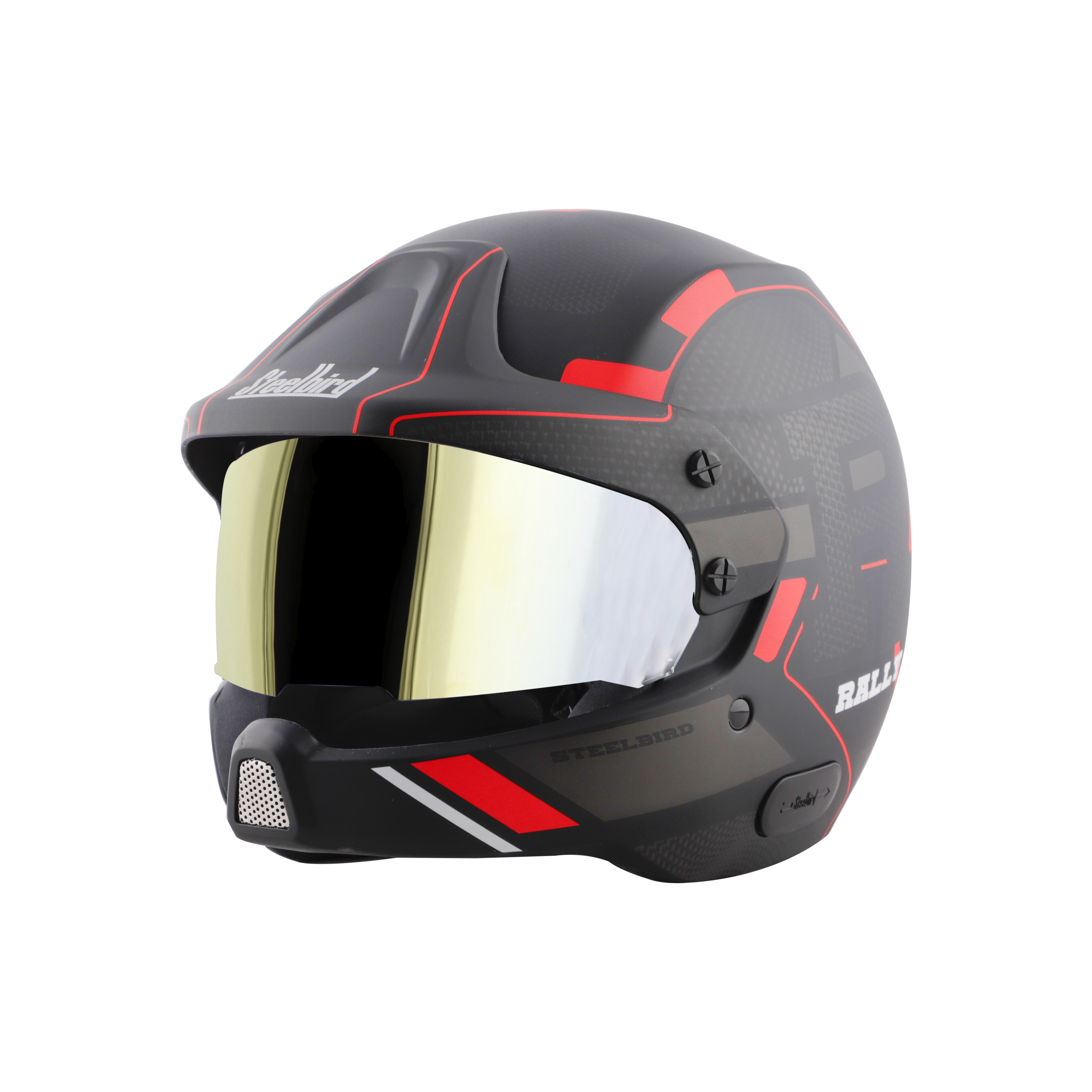 Steelbird 7Wings Rally Beat Open Face ISI Certified Off Road Helmet (Matt Black Red With Chrome Gold Visor)