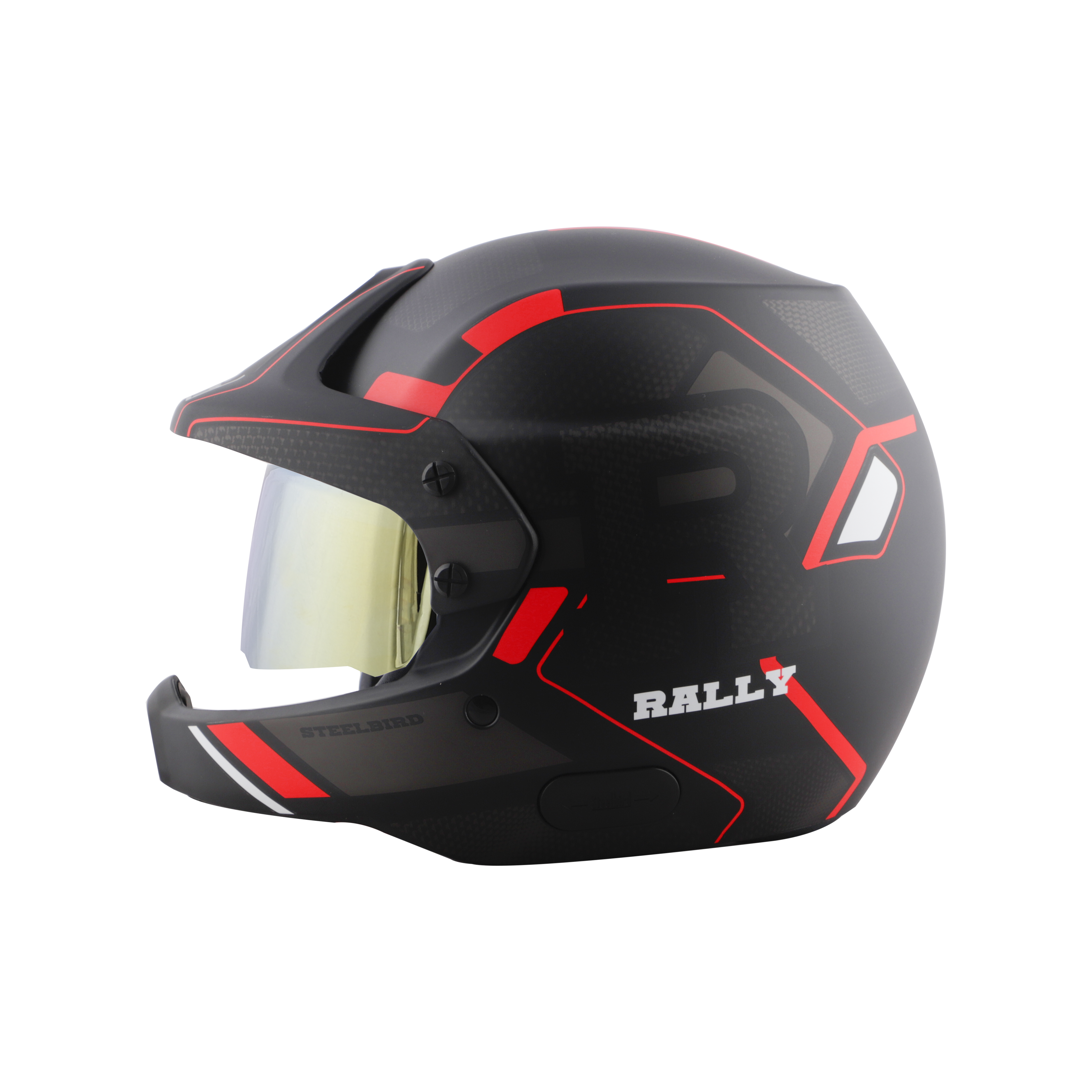 Steelbird 7Wings Rally Beat Open Face ISI Certified Off Road Helmet (Glossy Black Red With Chrome Gold Visor)