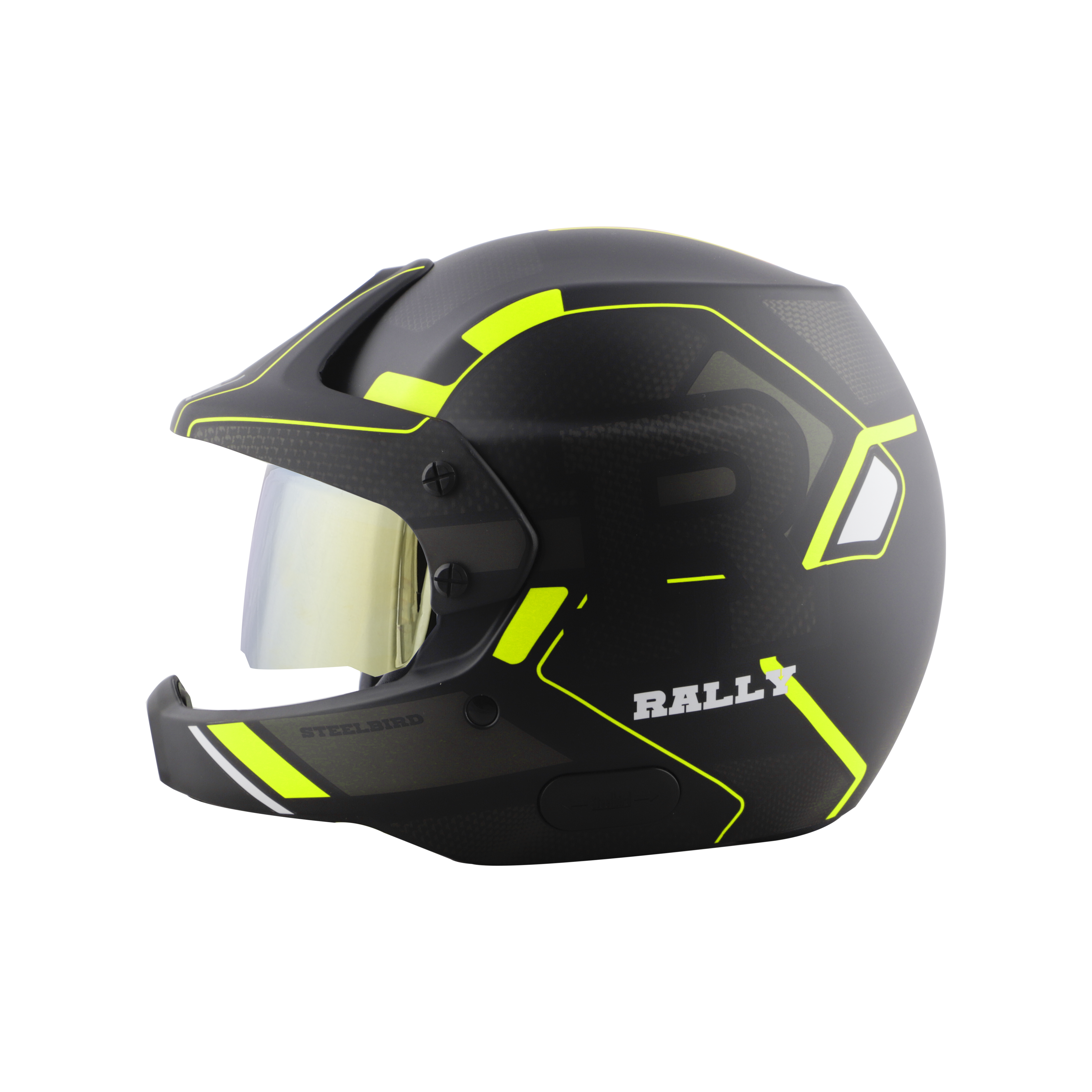 Steelbird 7Wings Rally Beat Open Face ISI Certified Off Road Helmet (Glossy Black Neon With Chrome Gold Visor)