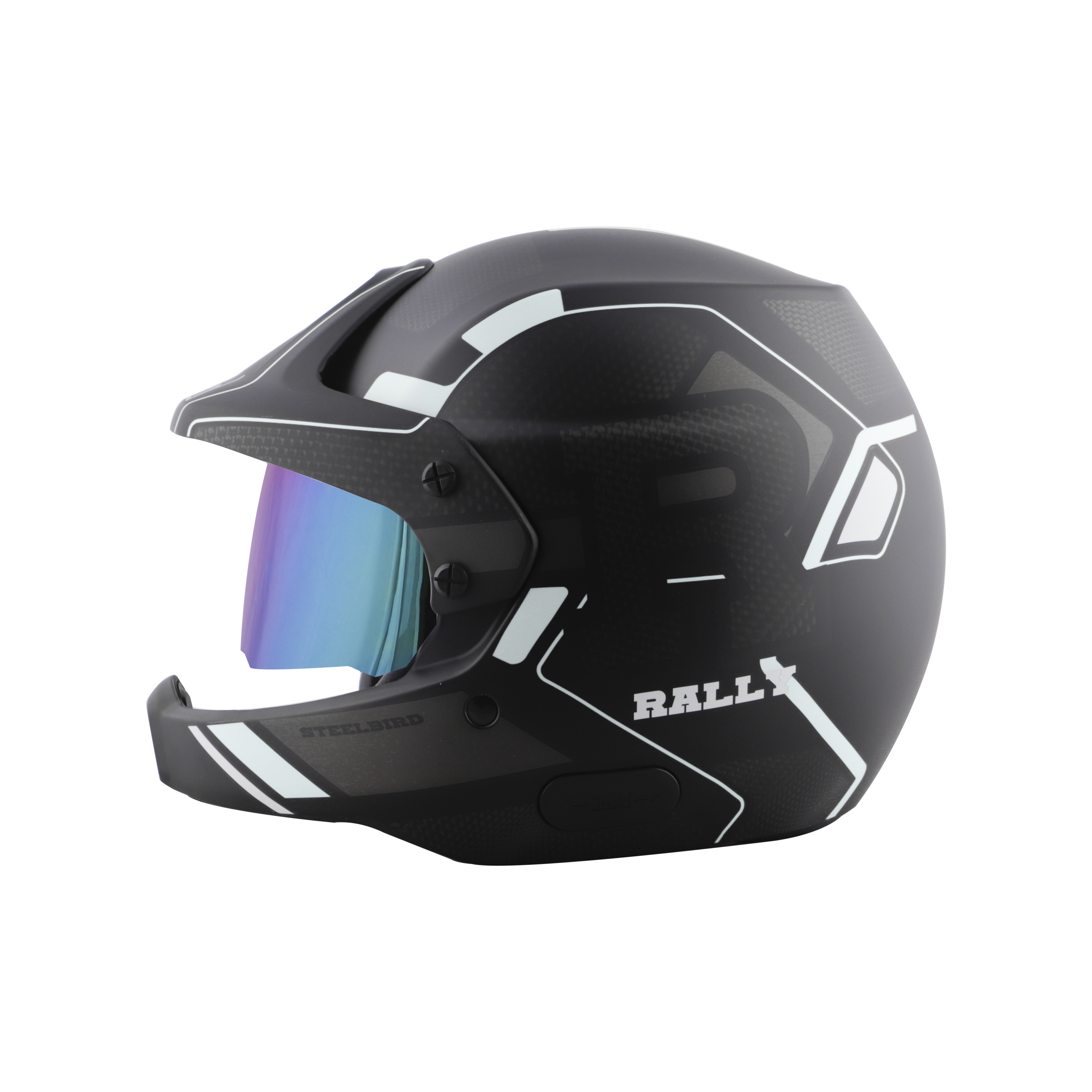 Steelbird 7Wings Rally Beat Open Face ISI Certified Off Road Helmet (Glossy Black Silver With Chrome Blue Visor)