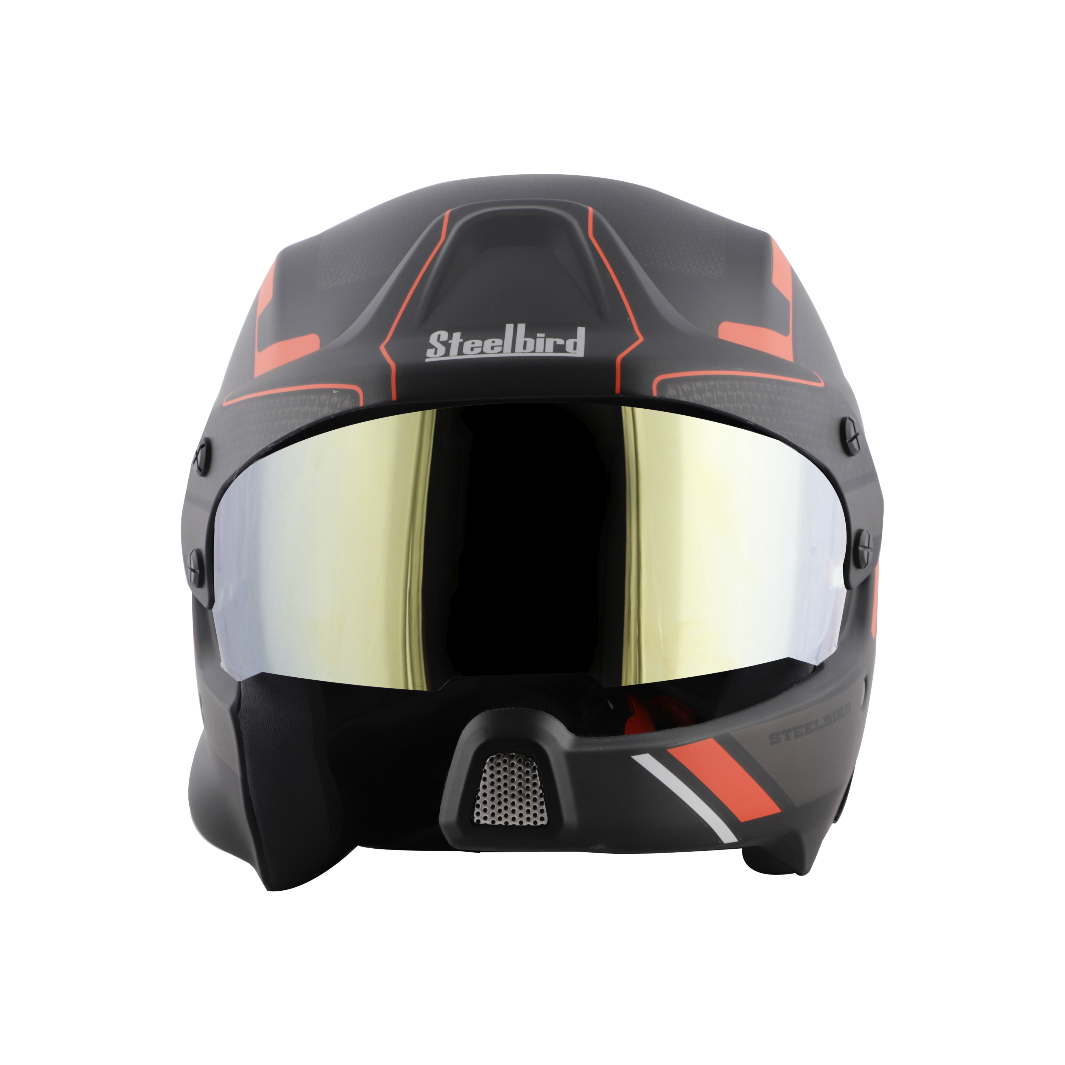 Steelbird 7Wings Rally Beat Open Face ISI Certified Off Road Helmet (Glossy Black Orange With Chrome Gold Visor)