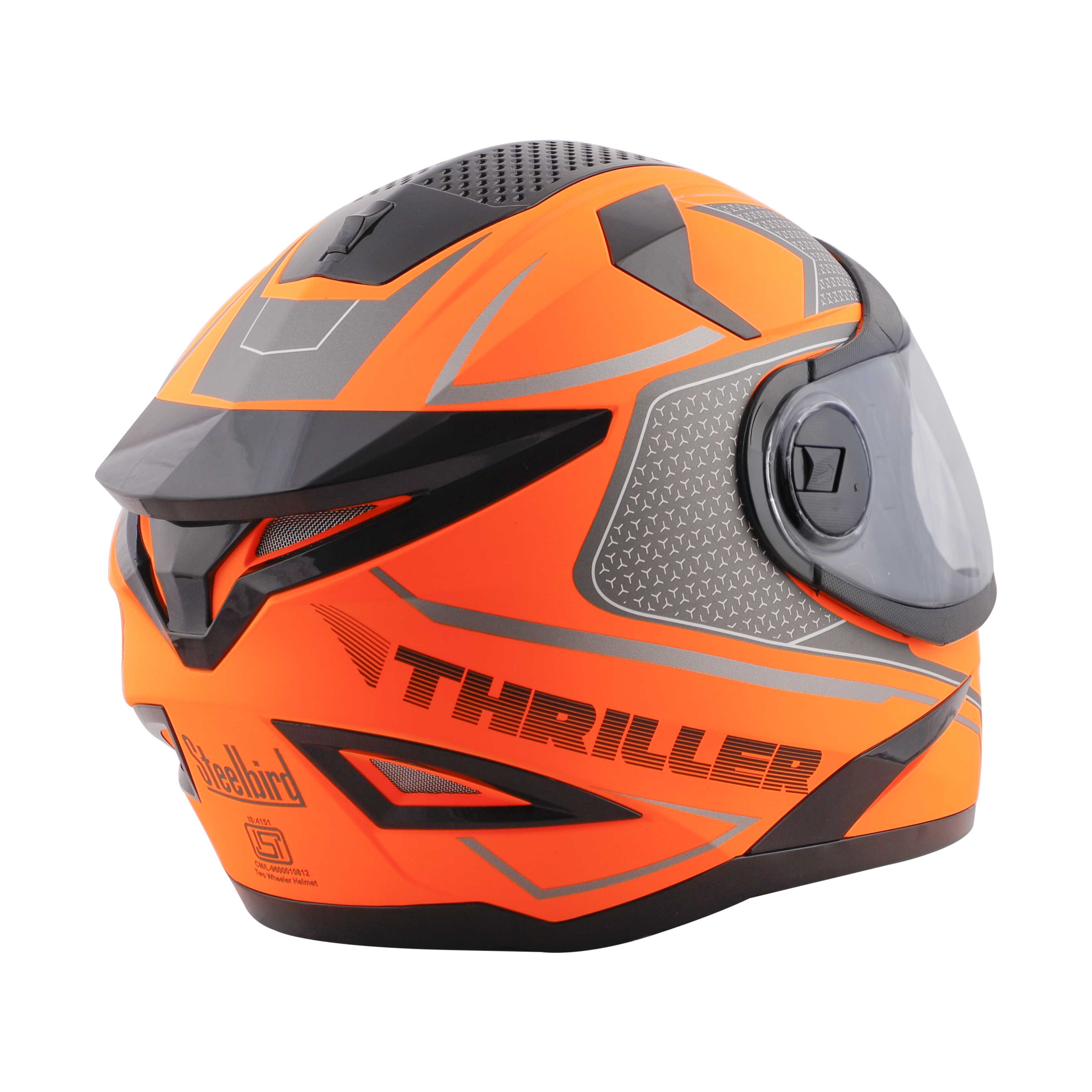 Steelbird SBH-17 Thriller ISI Certified Full Face Graphic Helmet (Glossy Fluo Orange Grey With Clear Visor)