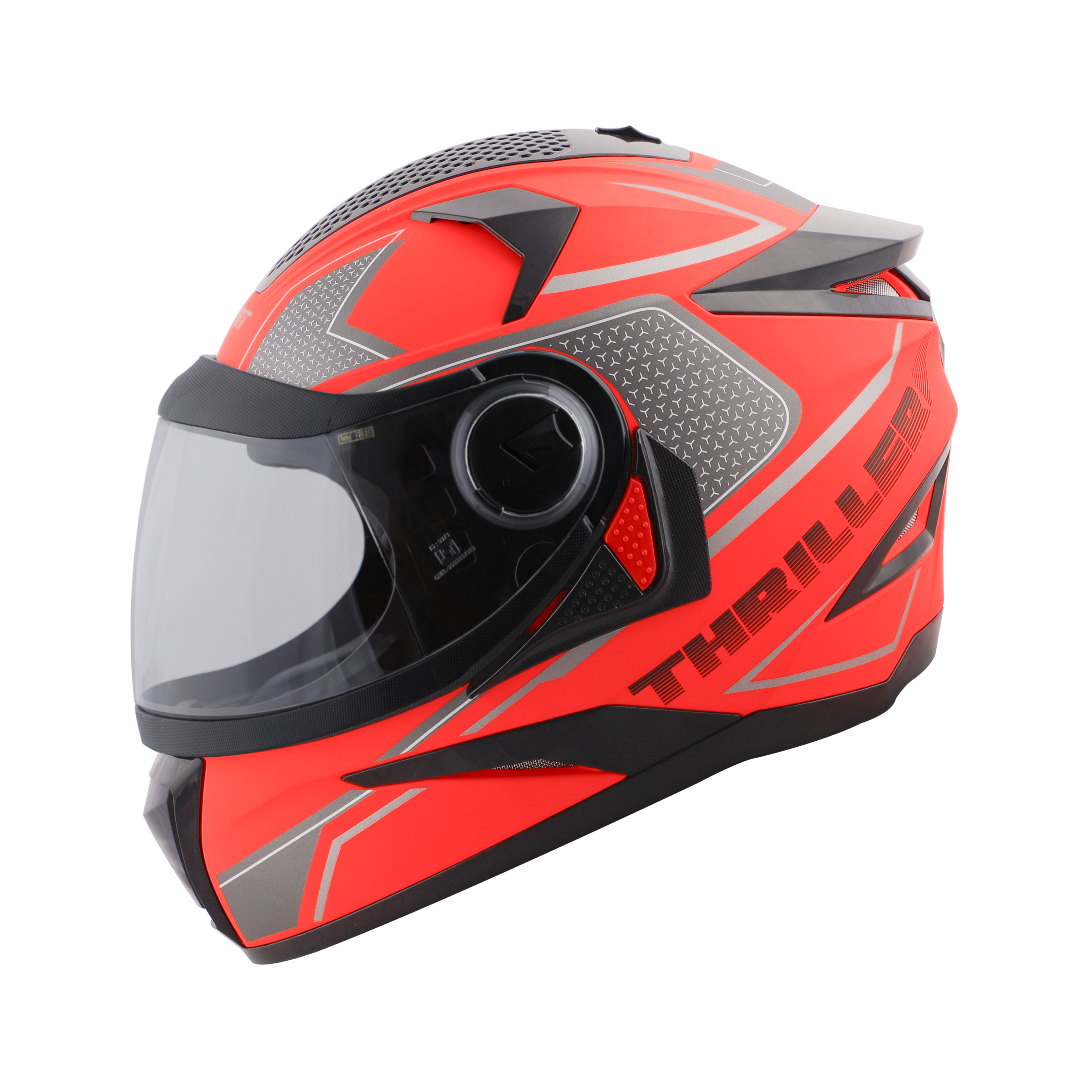Steelbird SBH-17 Thriller ISI Certified Full Face Graphic Helmet (Glossy Fluo Red Grey With Clear Visor)