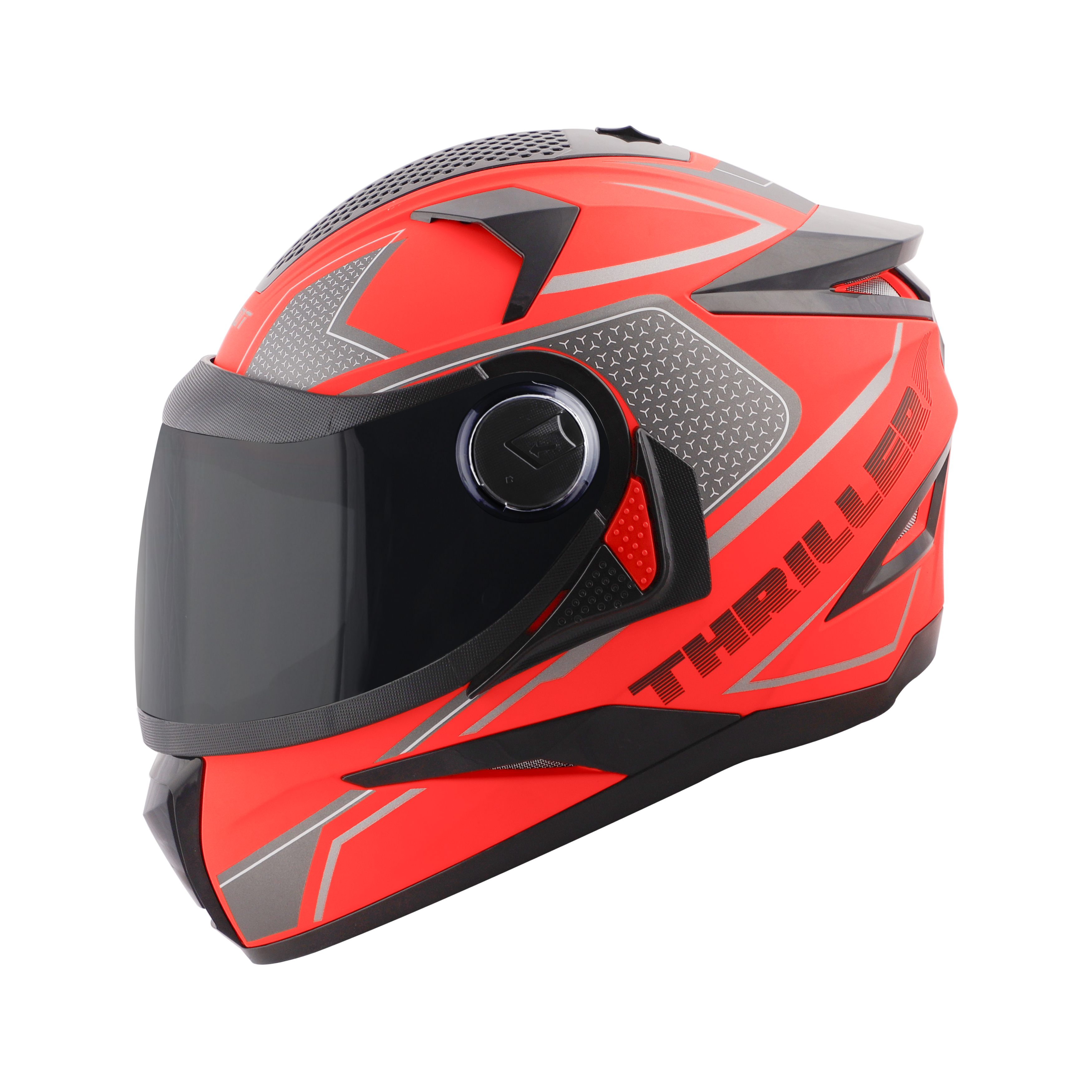Steelbird SBH-17 Thriller ISI Certified Full Face Graphic Helmet (Glossy Fluo Red Grey With Smoke Visor)
