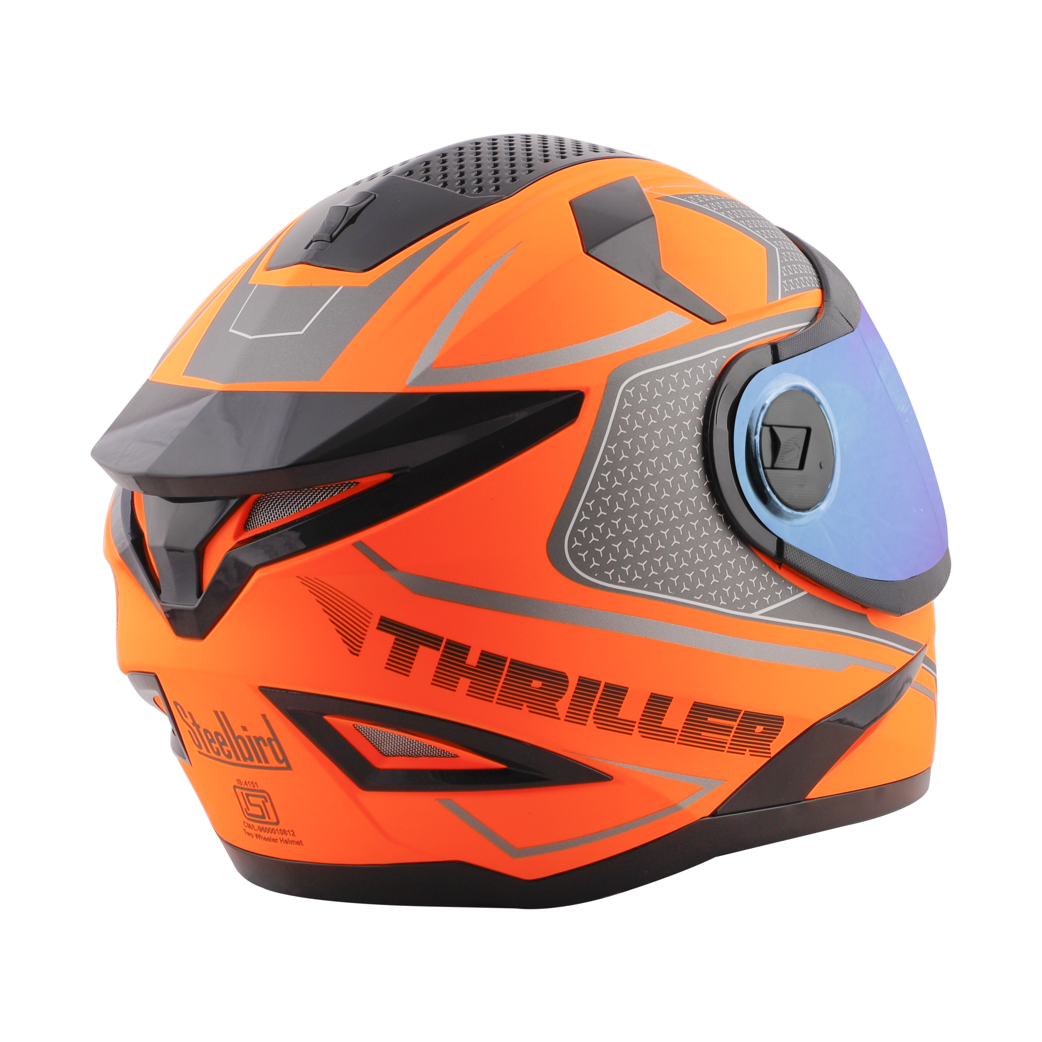 Steelbird SBH-17 Thriller ISI Certified Full Face Graphic Helmet (Glossy Fluo Orange Grey With Chrome Rainbow Visor)