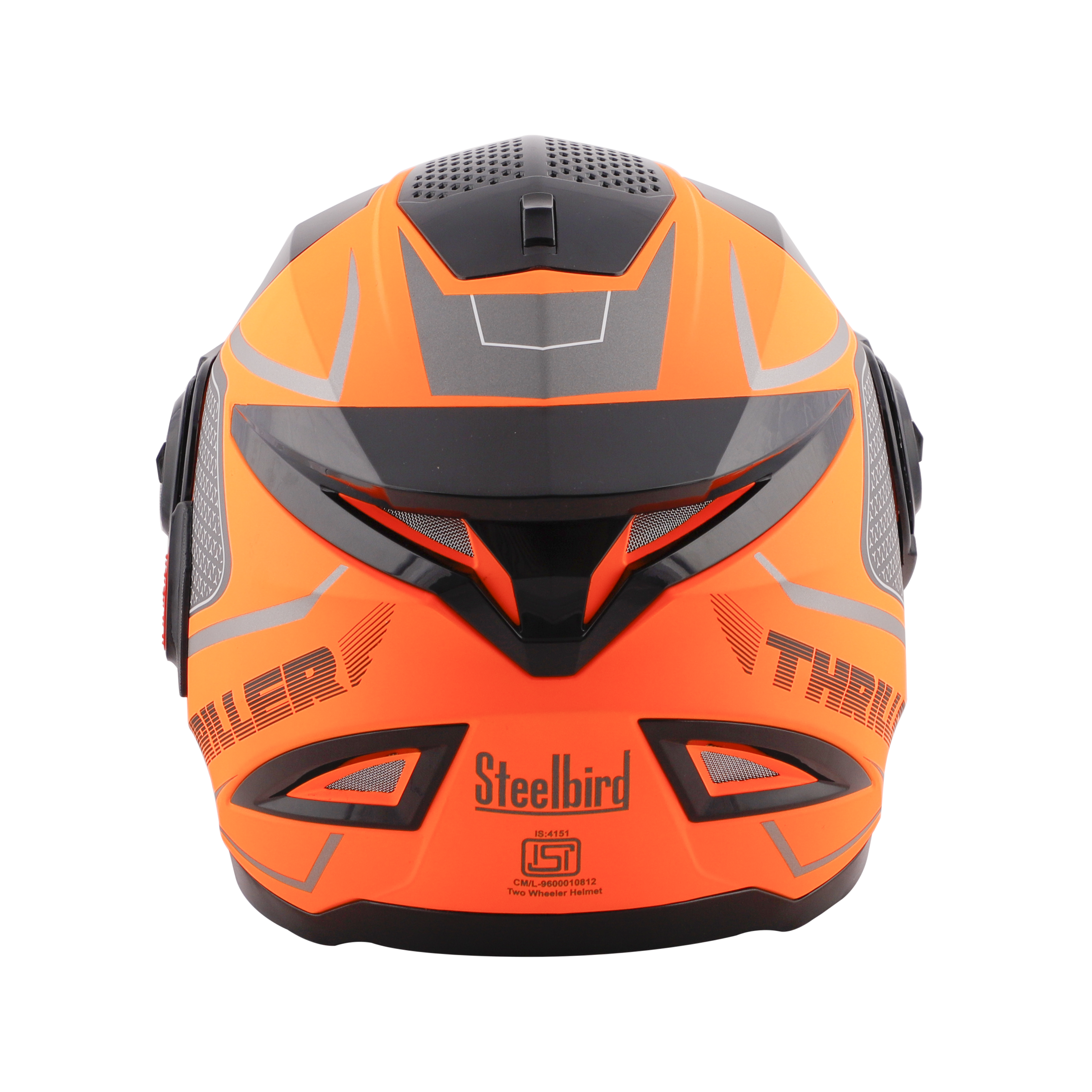 Steelbird SBH-17 Thriller ISI Certified Full Face Graphic Helmet (Glossy Fluo Orange Grey With Chrome Rainbow Visor)