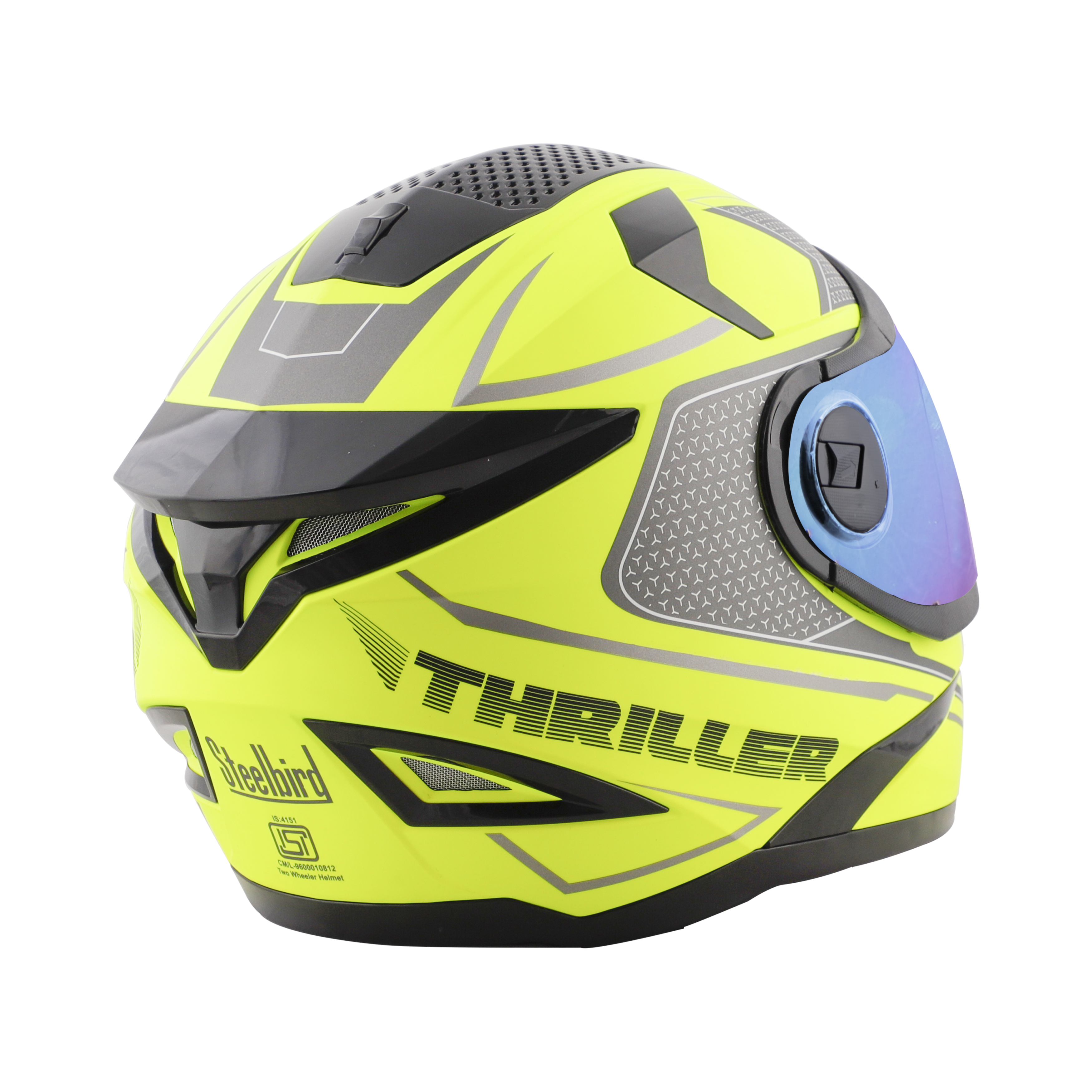Steelbird SBH-17 Thriller ISI Certified Full Face Graphic Helmet (Glossy Fluo Neon Grey With Chrome Rainbow Visor)