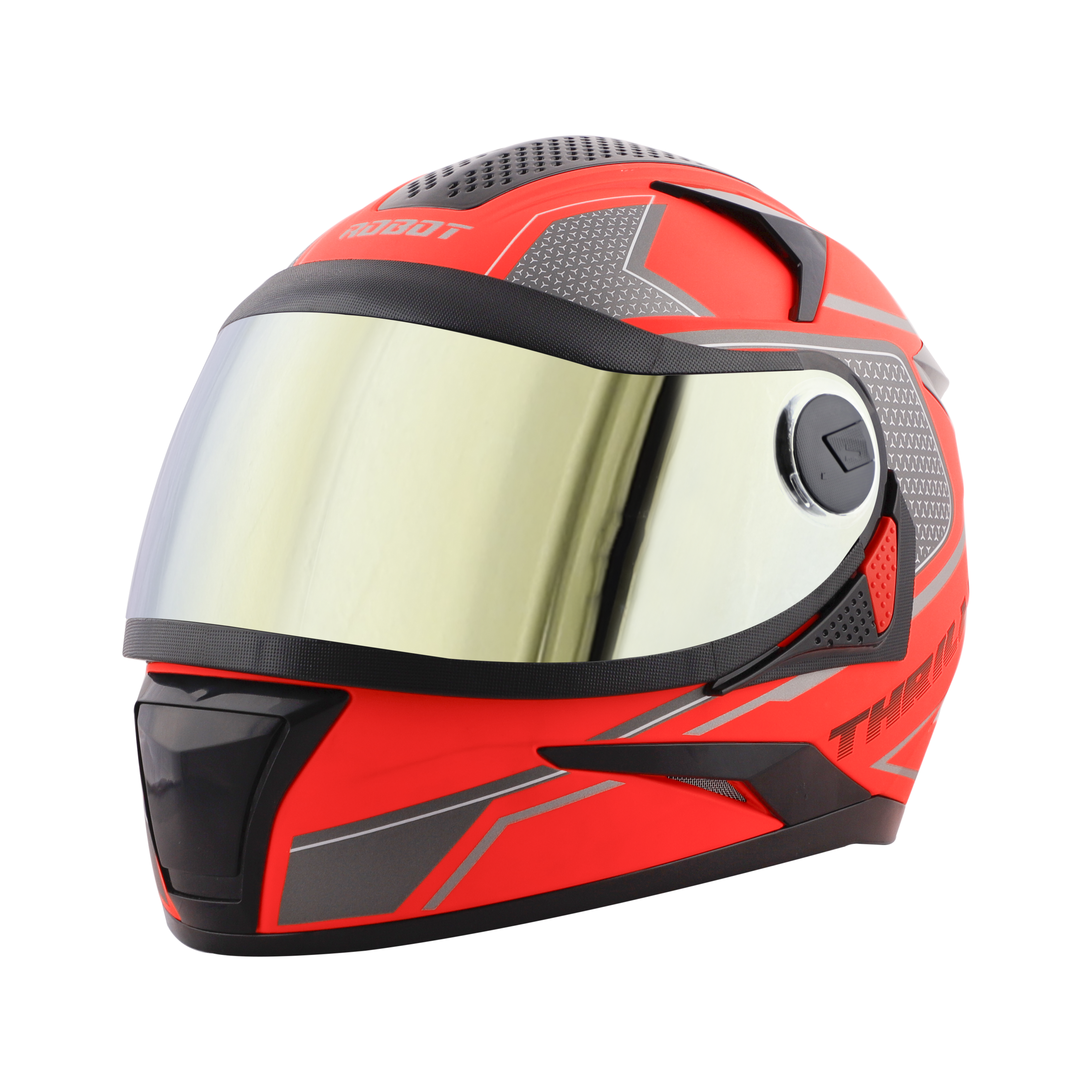 Steelbird SBH-17 Thriller ISI Certified Full Face Graphic Helmet (Glossy Fluo Red Grey With Chrome Gold Visor)