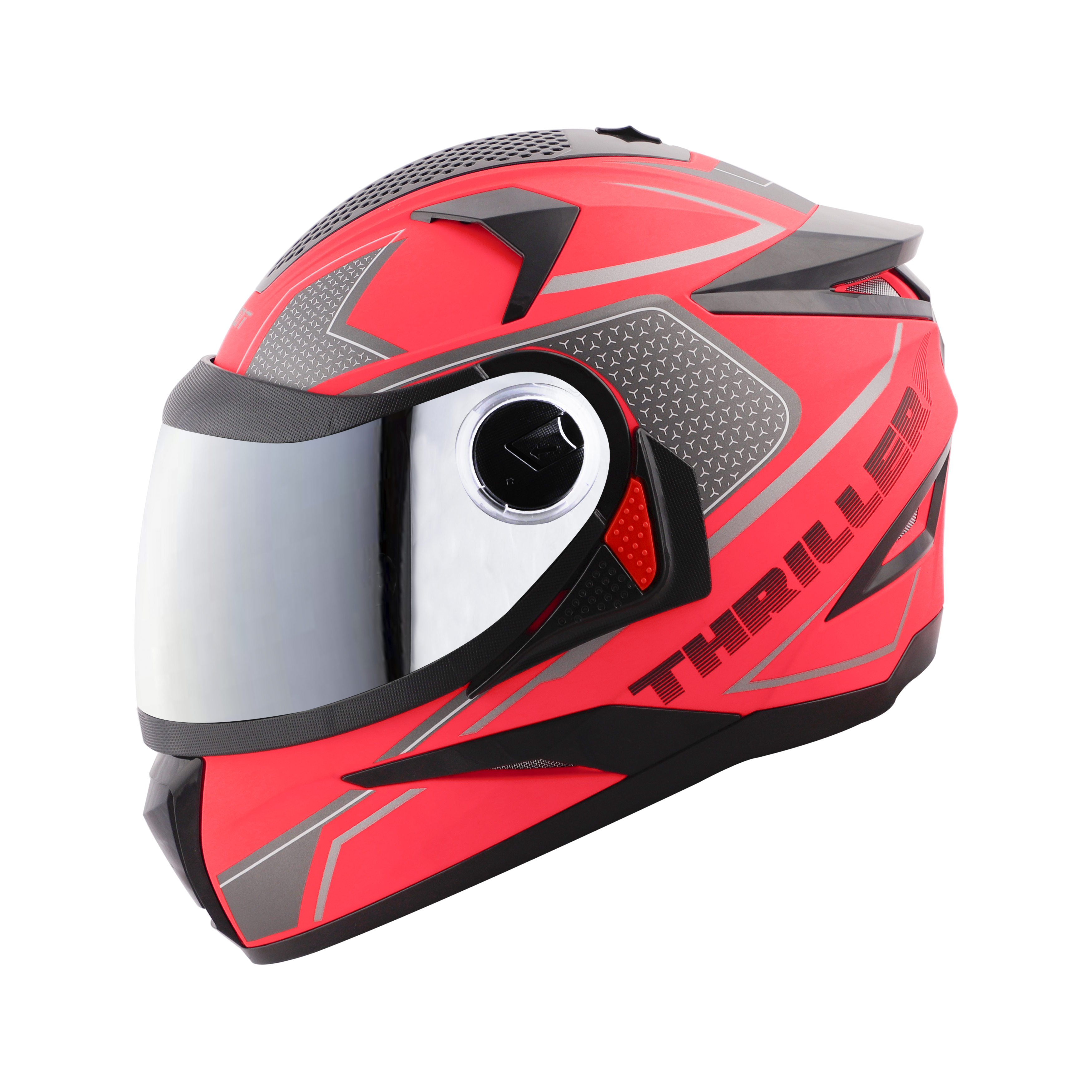 Steelbird SBH-17 Thriller ISI Certified Full Face Graphic Helmet (Glossy Fluo Watermelon Grey With Chrome Silver Visor)