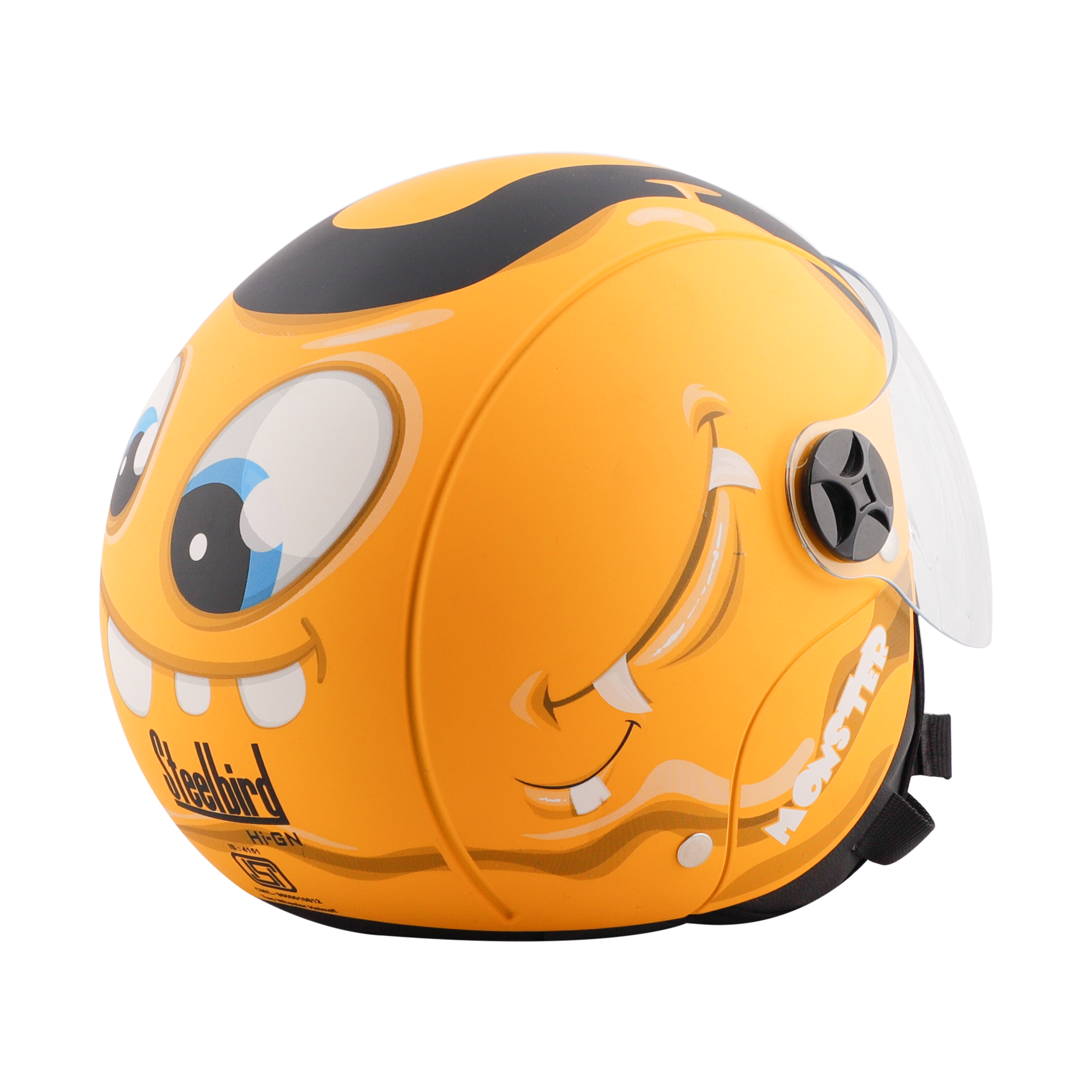 Steelbird Skip Toad Open Face ISI Certified Helmet For Kids (Matt Black Moon Yellow With Clear Visor)