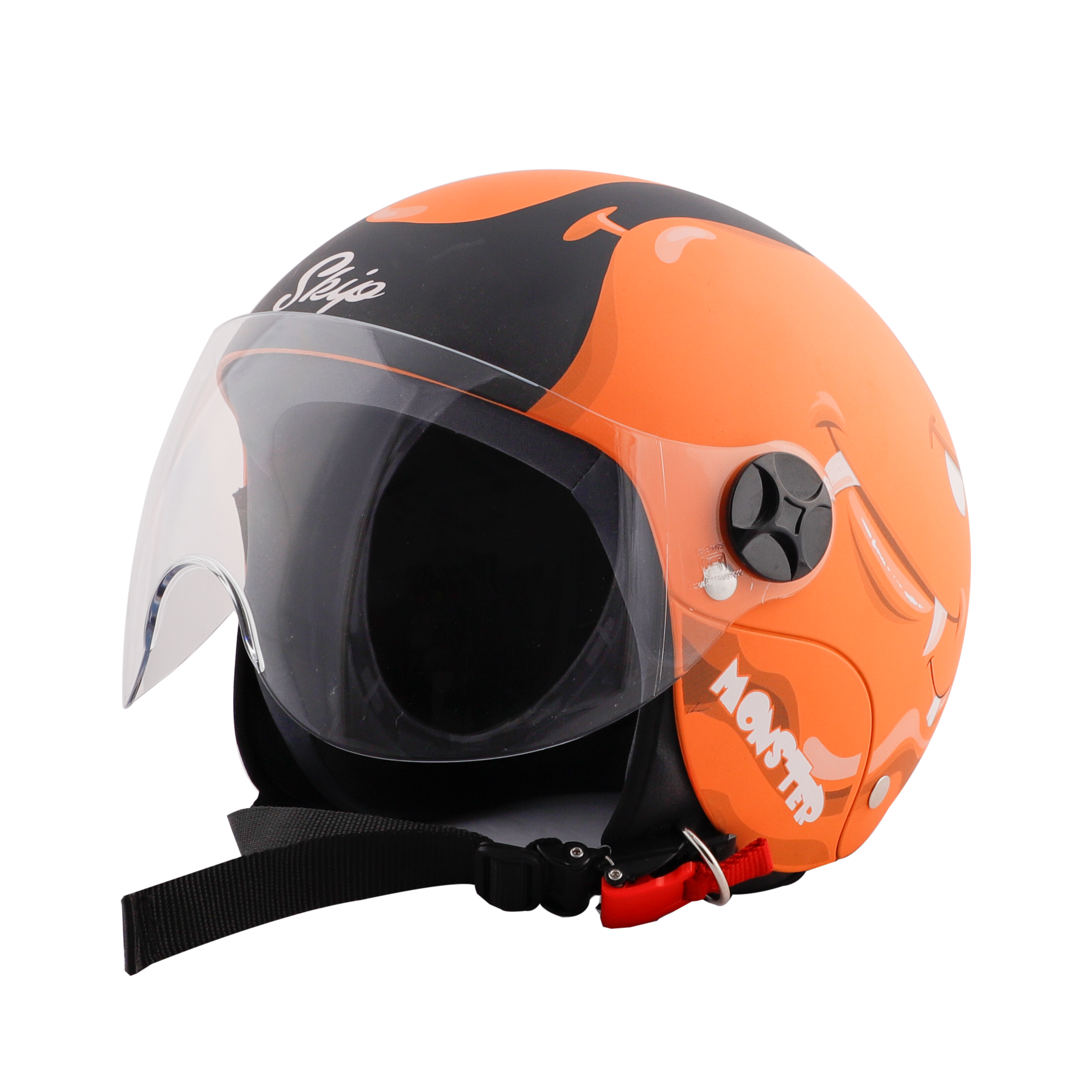 Steelbird Skip Toad Open Face ISI Certified Helmet For Kids (Matt Black Coral Orange With Clear Visor)