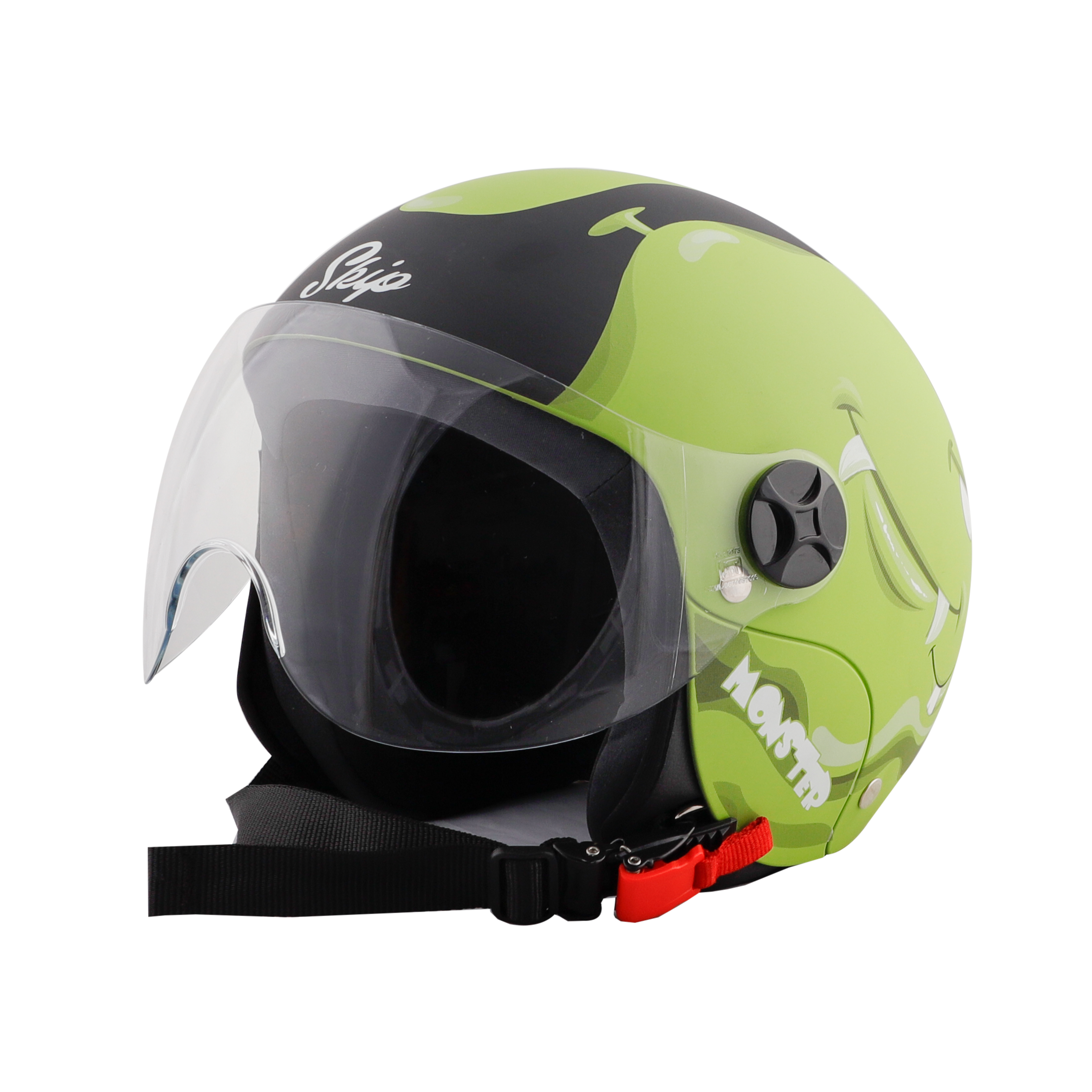 Steelbird Skip Toad Open Face ISI Certified Helmet For Kids (Matt Black Yellow Green With Clear Visor)