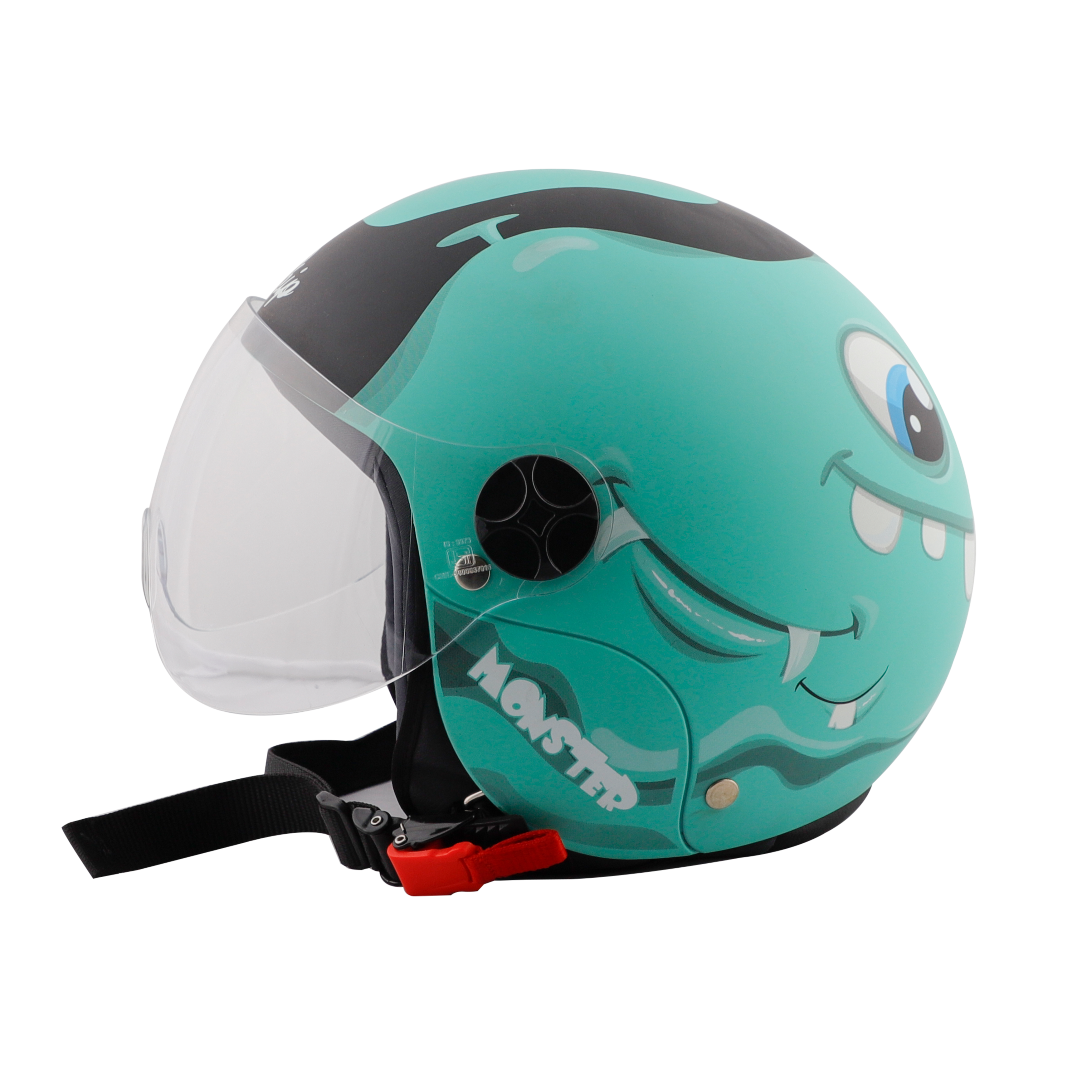 Steelbird Skip Toad Open Face ISI Certified Helmet For Kids (Matt Black Caribbean Green With Clear Visor)