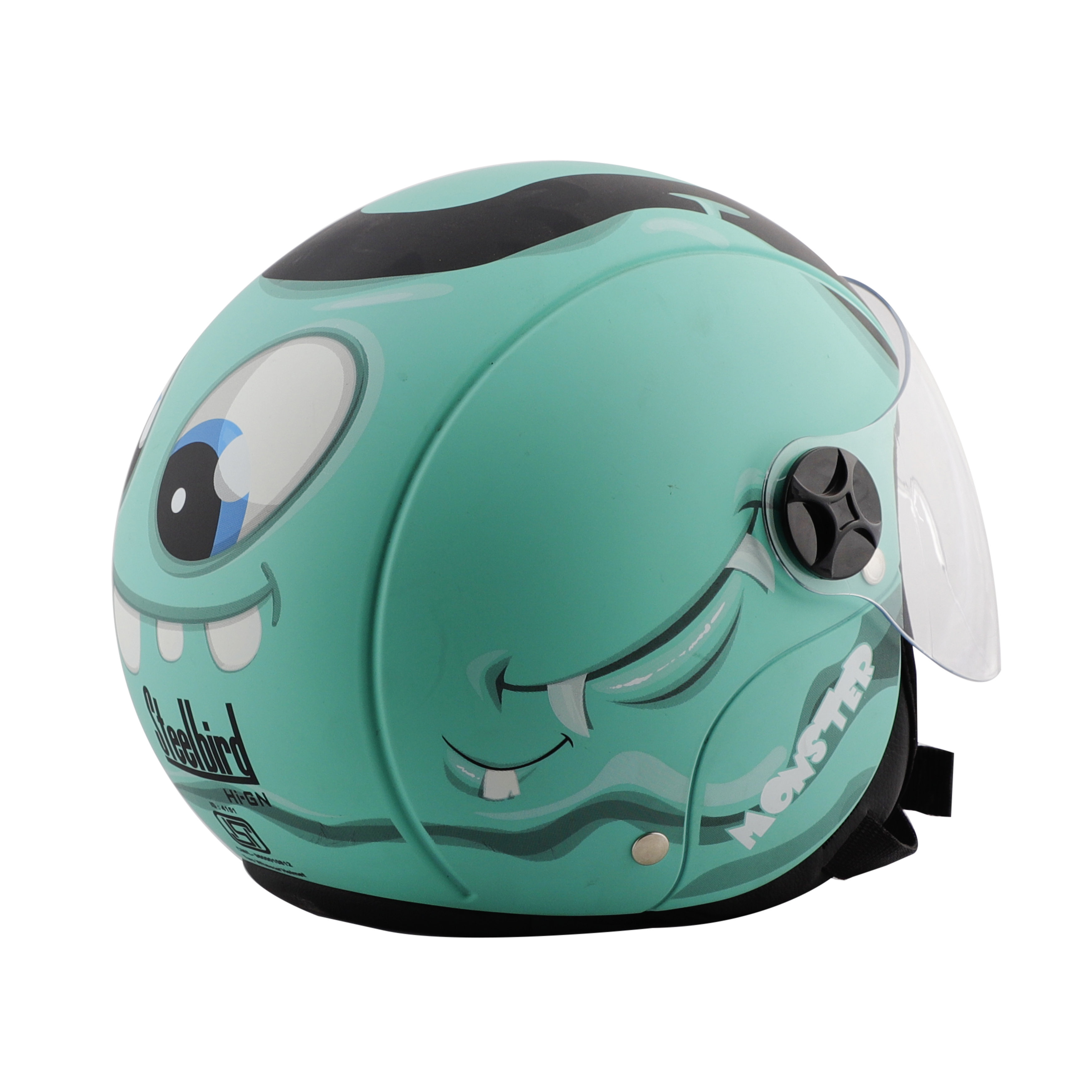 Steelbird Skip Toad Open Face ISI Certified Helmet For Kids (Matt Black Caribbean Green With Clear Visor)