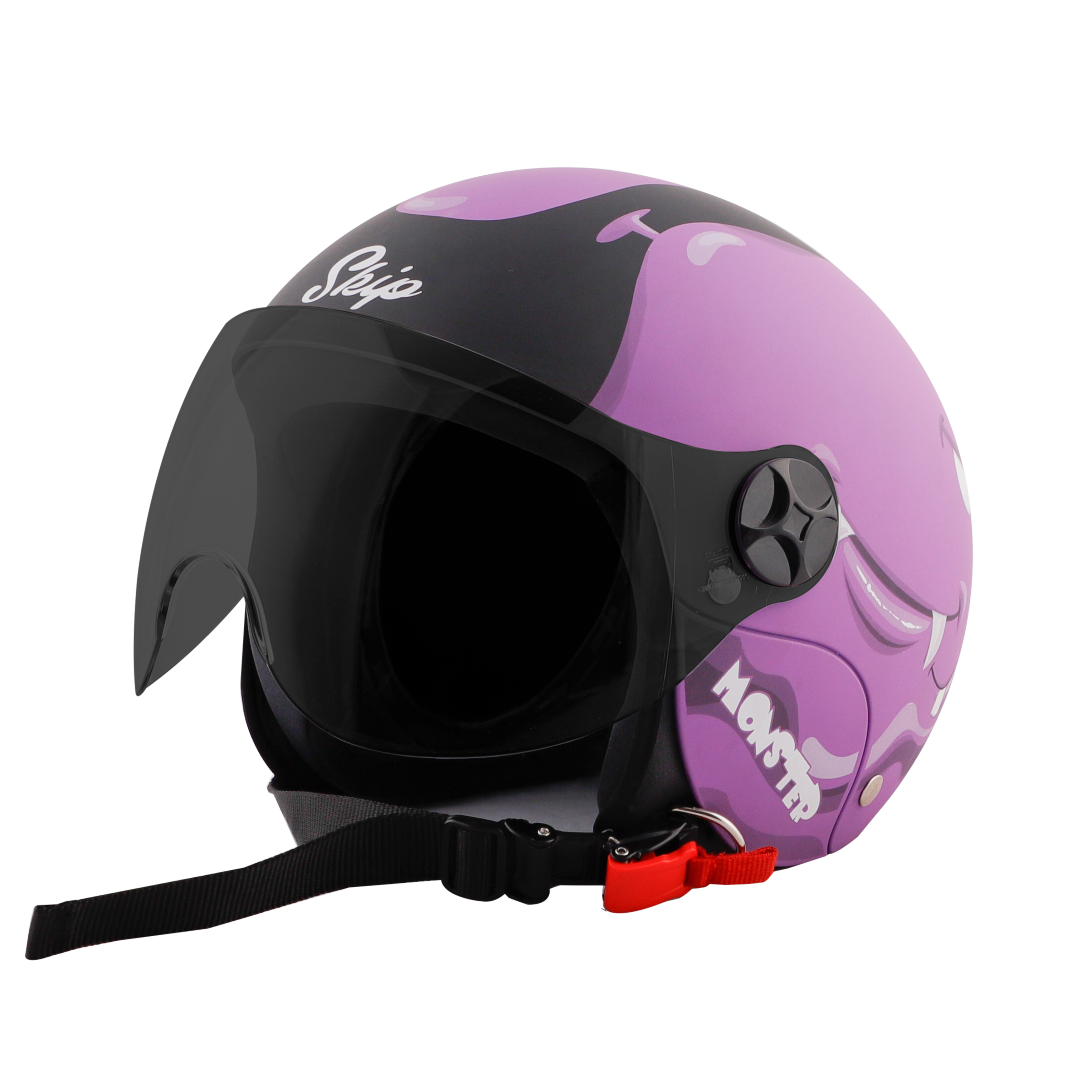 Steelbird Skip Toad Open Face ISI Certified Helmet For Kids (Matt Black Violet With Smoke Visor)