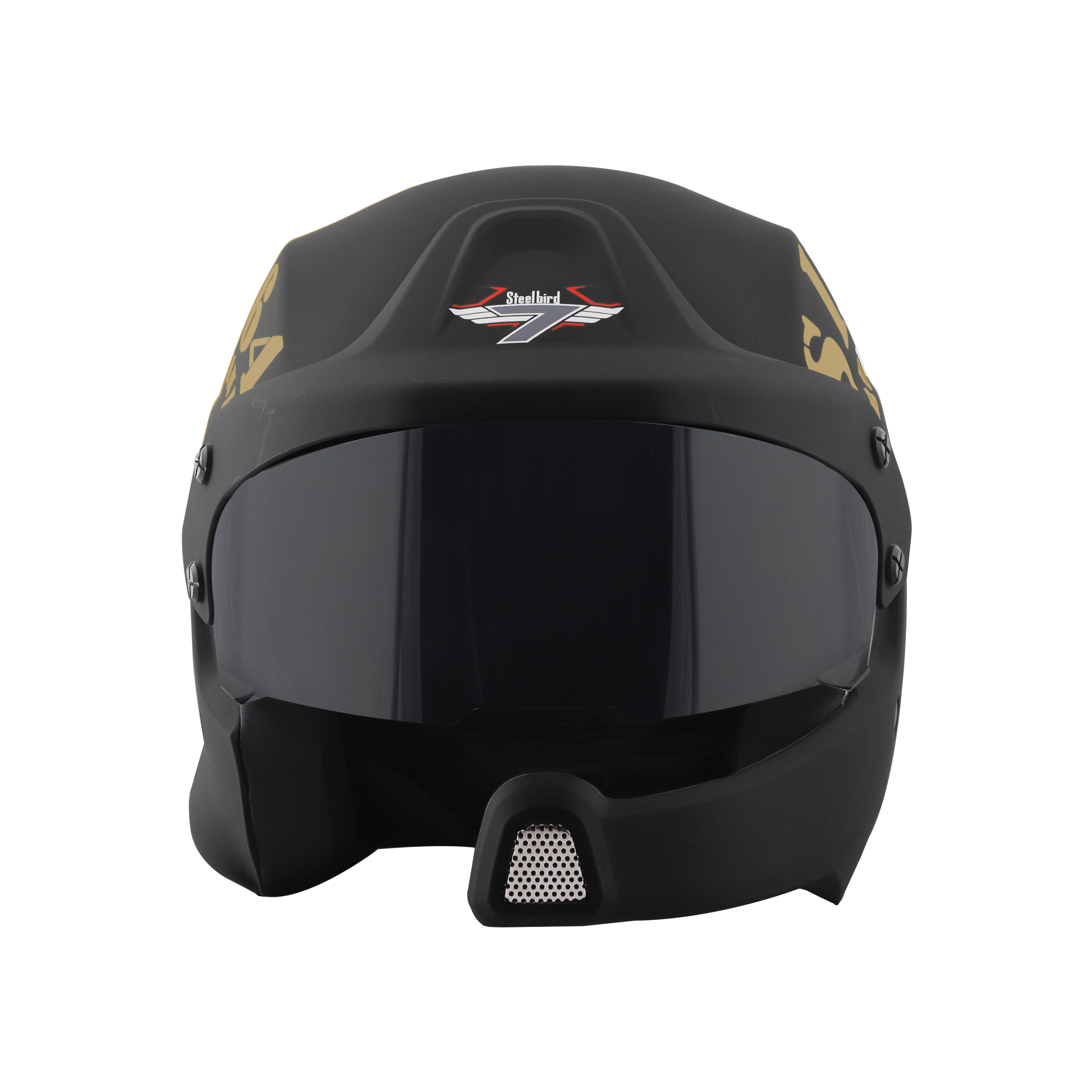 Steelbird 7Wings Rally Tank Open Face Helmet, ISI Certified Off Road Helmet (Matt Black Gold With Smoke Visor)