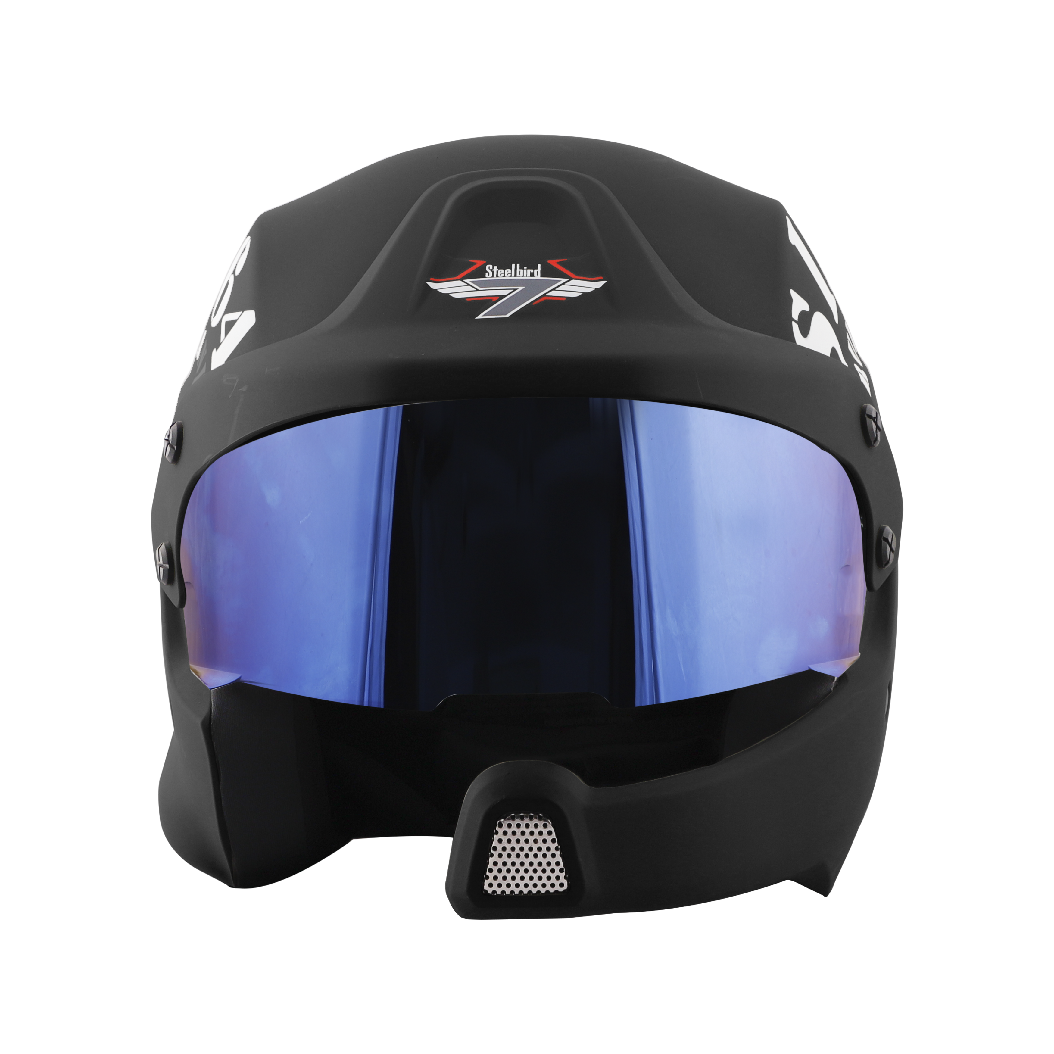 Steelbird 7Wings Rally Tank Open Face Helmet, ISI Certified Off Road Helmet (Matt Black White With Chrome Blue Visor)