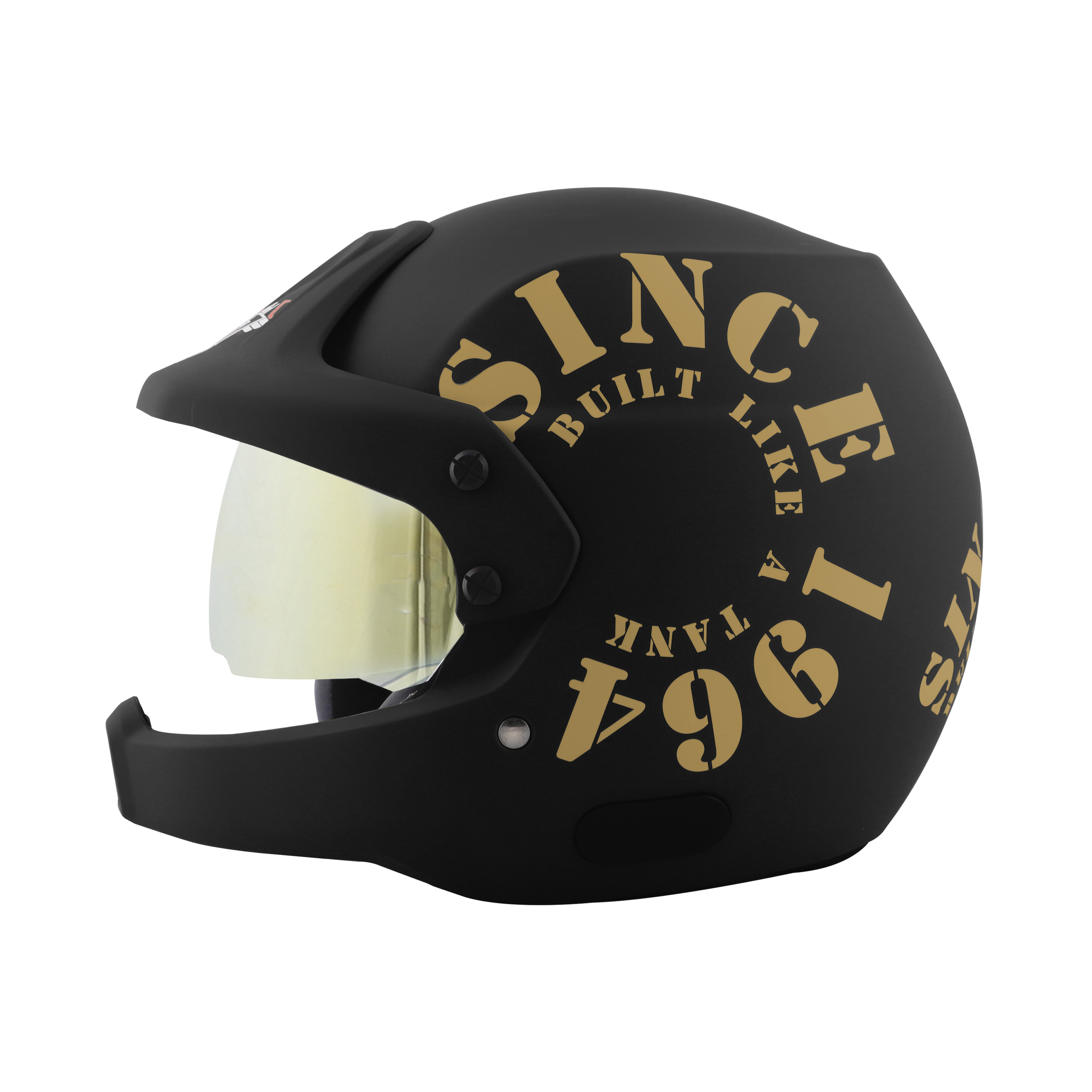 Steelbird 7Wings Rally Tank Open Face Helmet, ISI Certified Off Road Helmet (Matt Black Gold With Chrome Gold Visor)