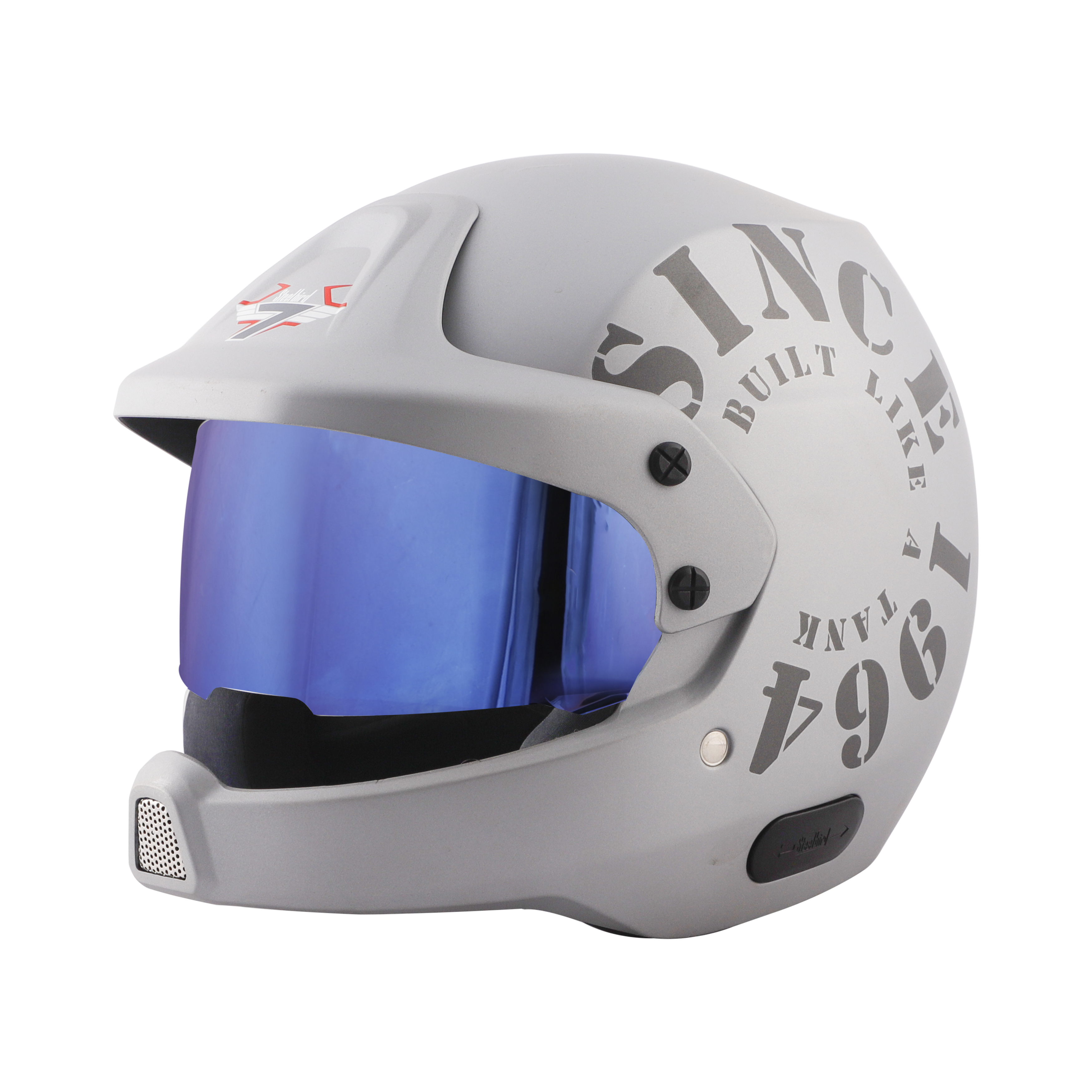 Steelbird 7Wings Rally Tank Open Face Helmet, ISI Certified Off Road Helmet (Matt Silver Grey With Chrome Blue Visor)