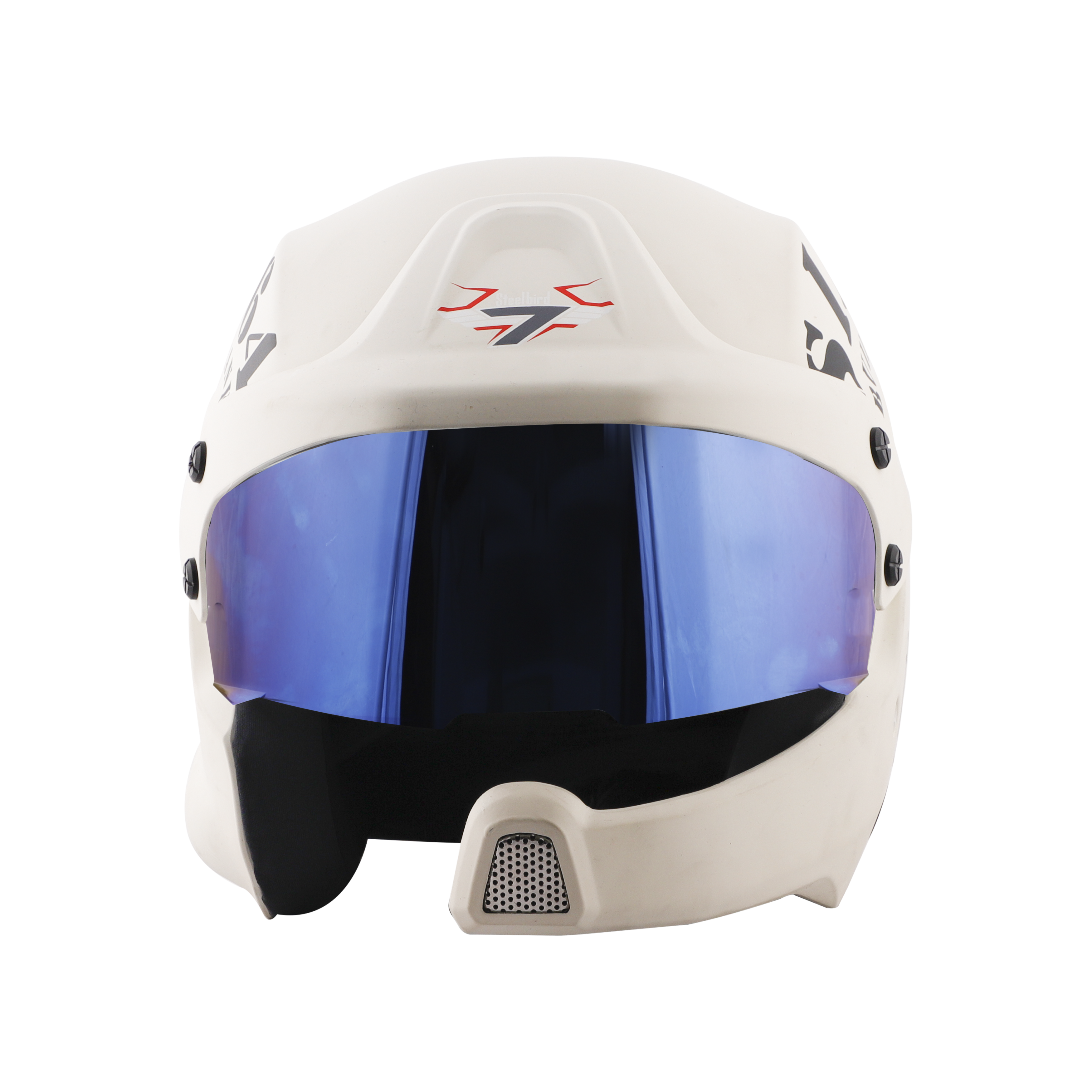 Steelbird 7Wings Rally Tank Open Face Helmet, ISI Certified Off Road Helmet (Matt Off White Black With Chrome Blue Visor)