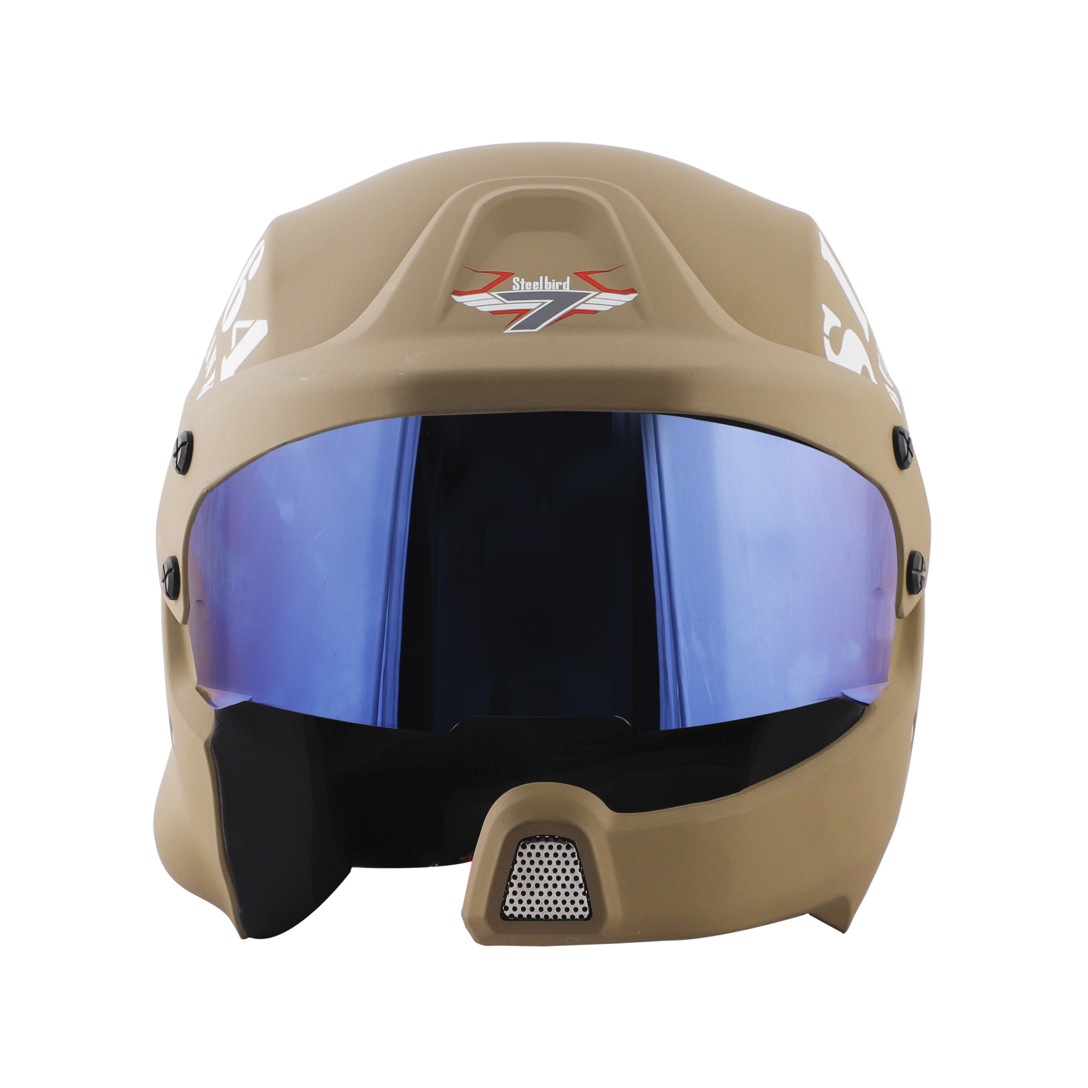 Steelbird 7Wings Rally Tank Open Face Helmet, ISI Certified Off Road Helmet (Matt Desert Storm White With Chrome Blue Visor)