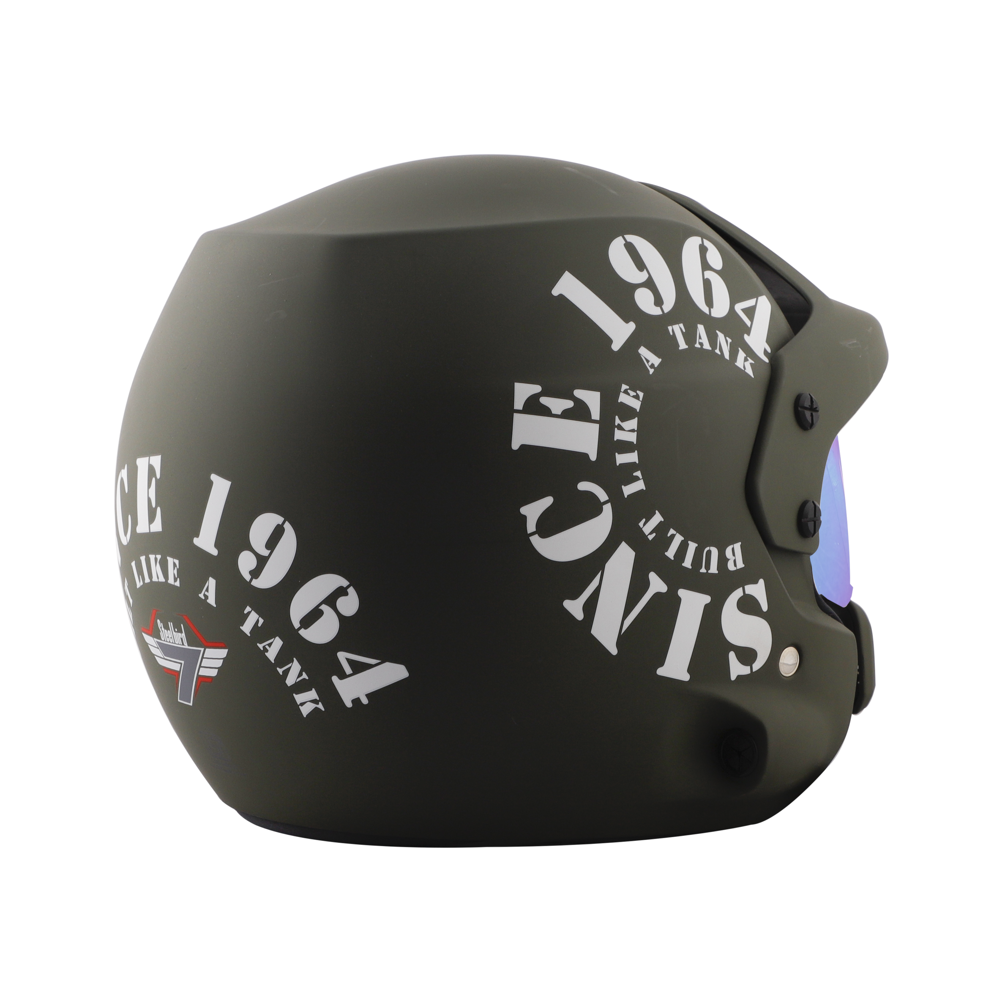 Steelbird 7Wings Rally Tank Open Face Helmet, ISI Certified Off Road Helmet (Matt Battle Green White With Chrome Rainbow Visor)