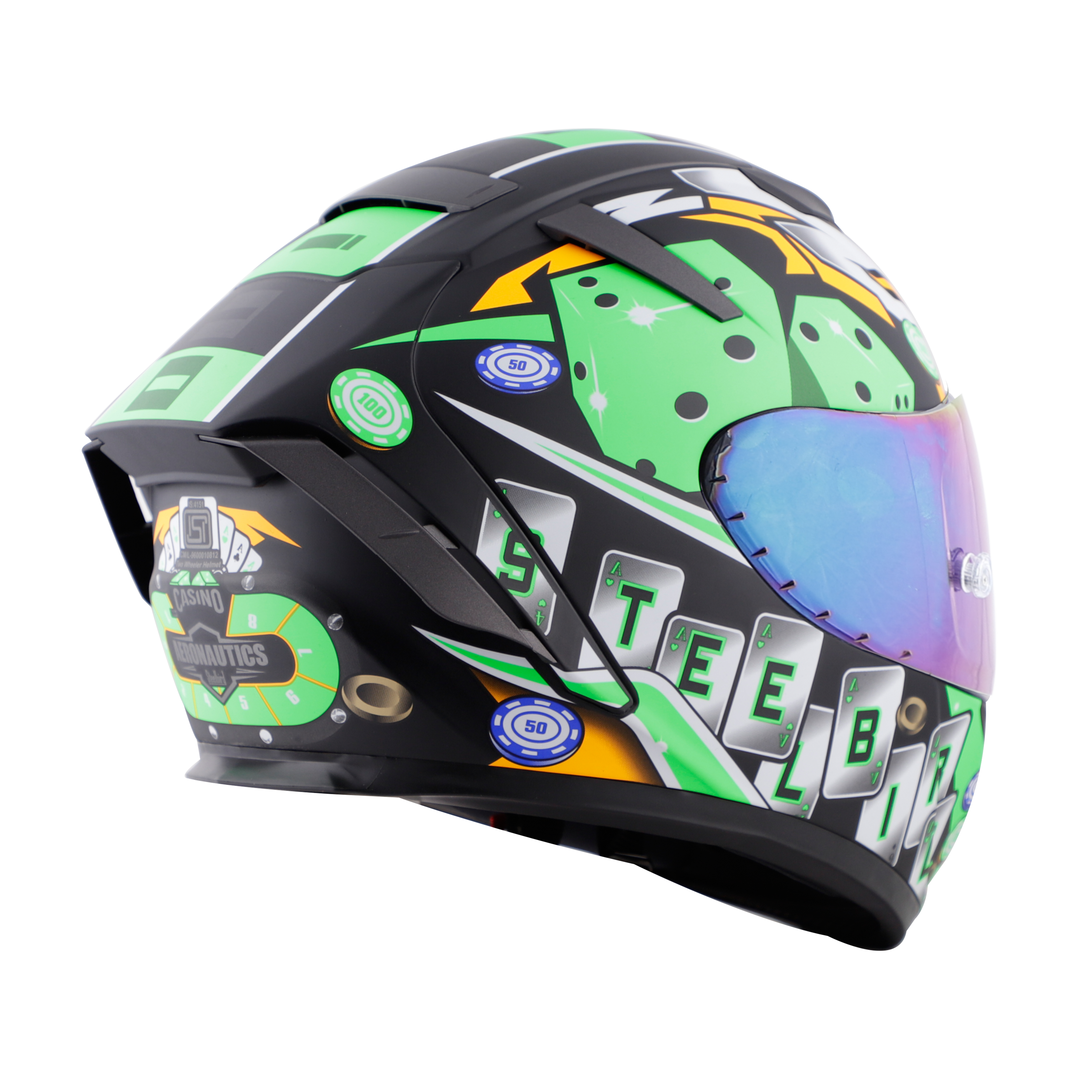 SA-2 CASINO MAT BLACK WITH GREEN ( FITTED WITH CLEAR VISOR EXTRA RAINBOW CHROME VISOR FREE WITH ANTI-FOG SHIELD HOLDER)