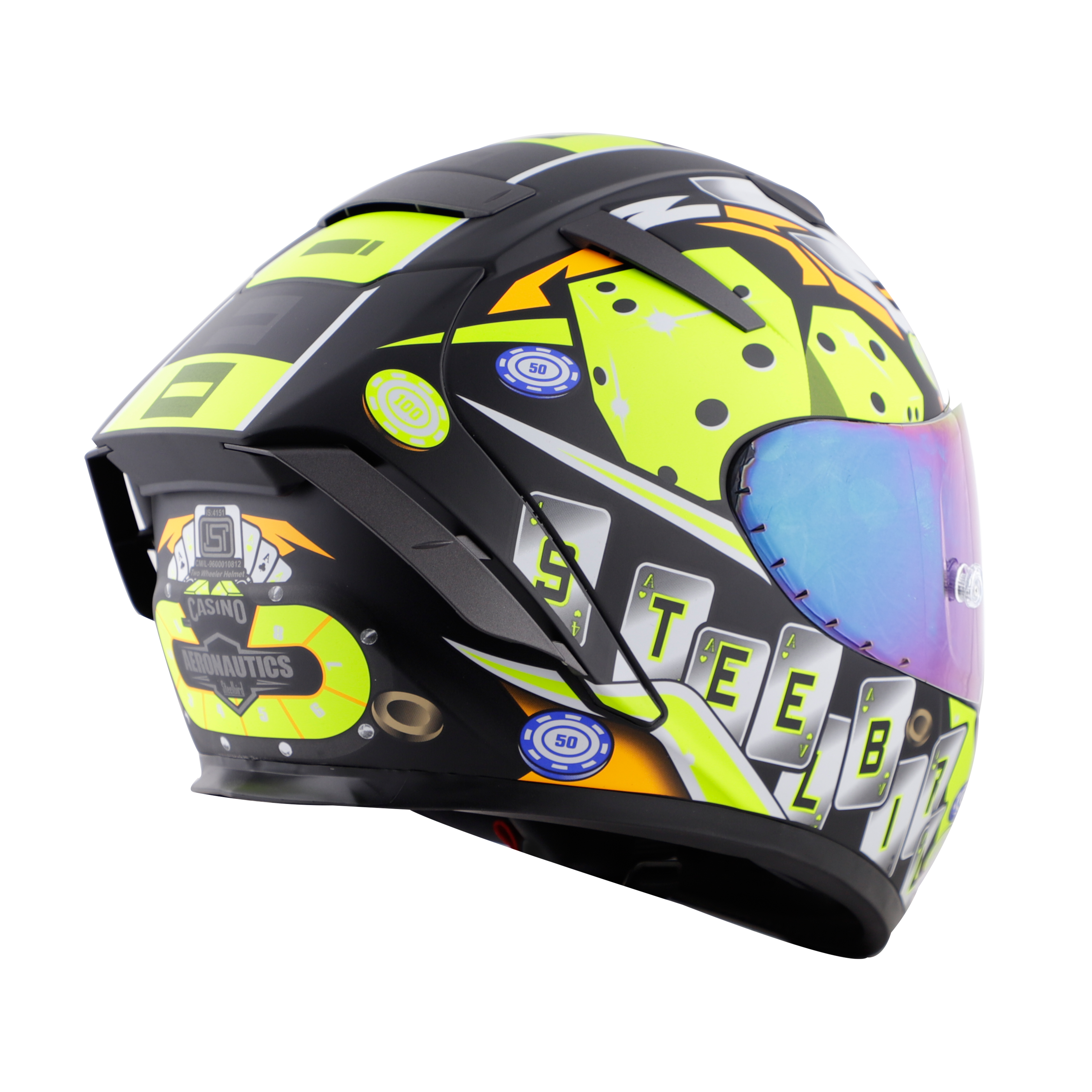 SA-2 CASINO MAT BLACK WITH NEON ( FITTED WITH CLEAR VISOR EXTRA RAINBOW CHROME VISOR FREE WITH ANTI-FOG SHIELD HOLDER)