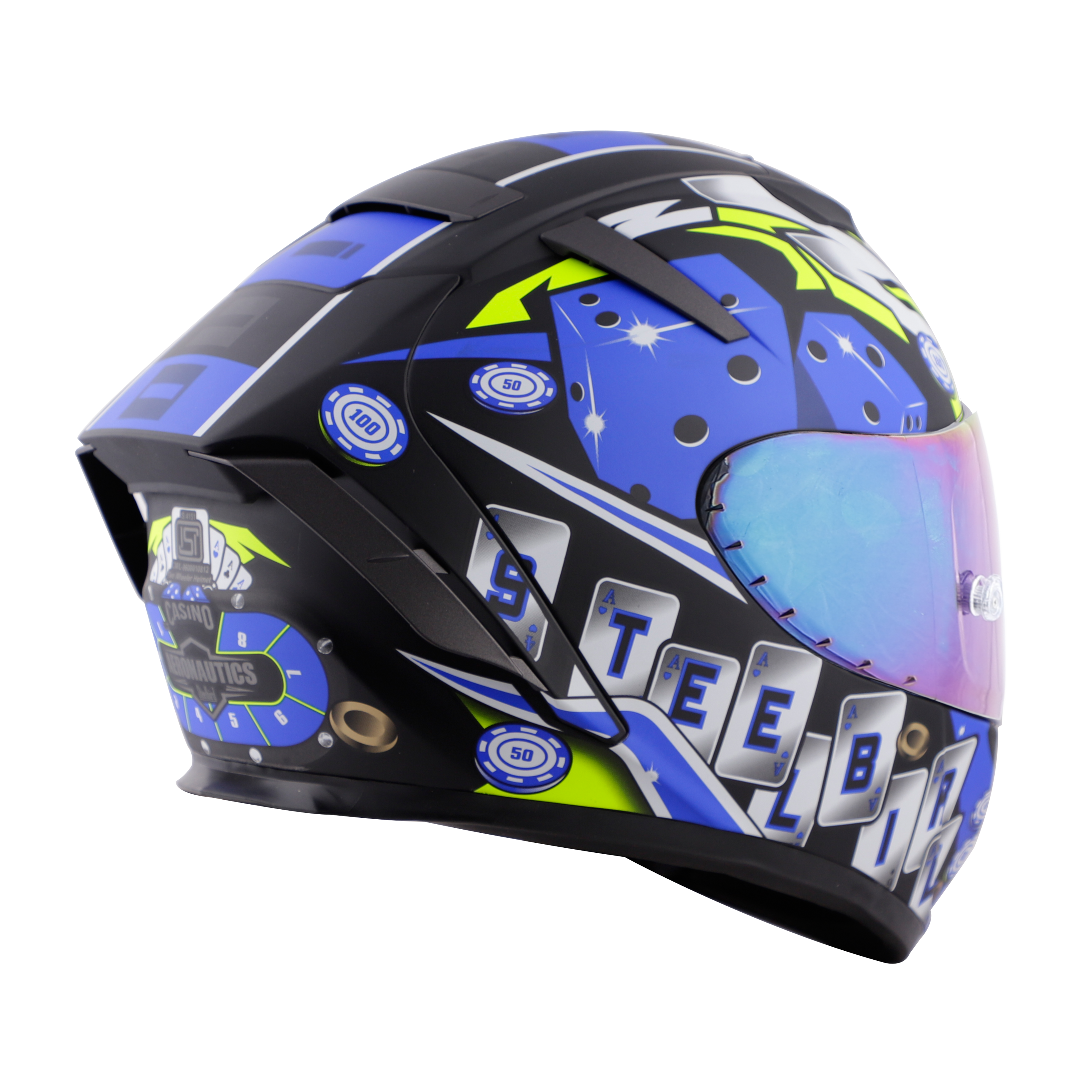 SA-2 CASINO GOLSSY BLACK WITH BLUE ( FITTED WITH CLEAR VISOR EXTRA RAINBOW CHROME VISOR FREE WITH ANTI-FOG SHIELD HOLDER)