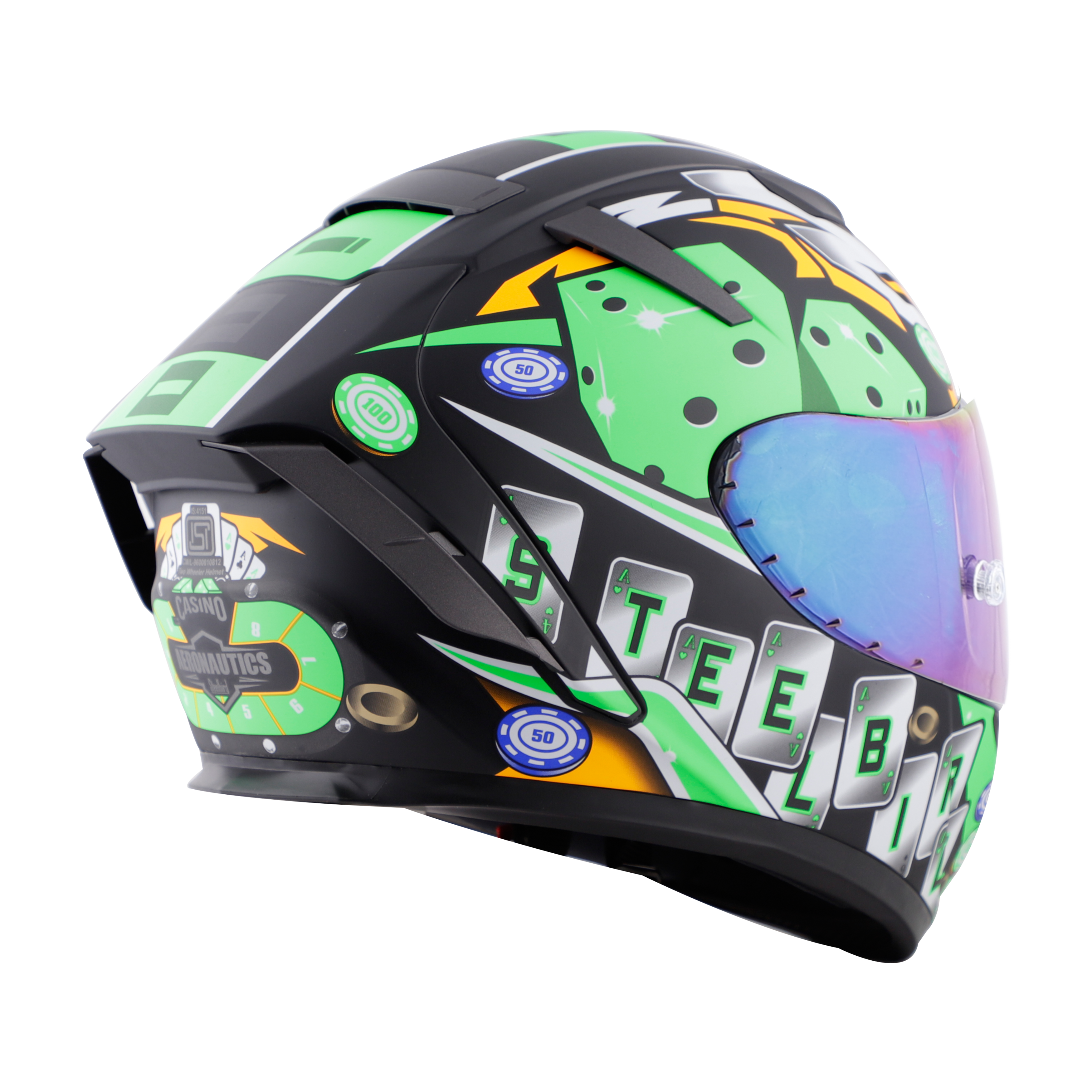 SA-2 CASINO GOLSSY BLACK WITH GREEN ( FITTED WITH CLEAR VISOR EXTRA RAINBOW CHROME VISOR FREE WITH ANTI-FOG SHIELD HOLDER)