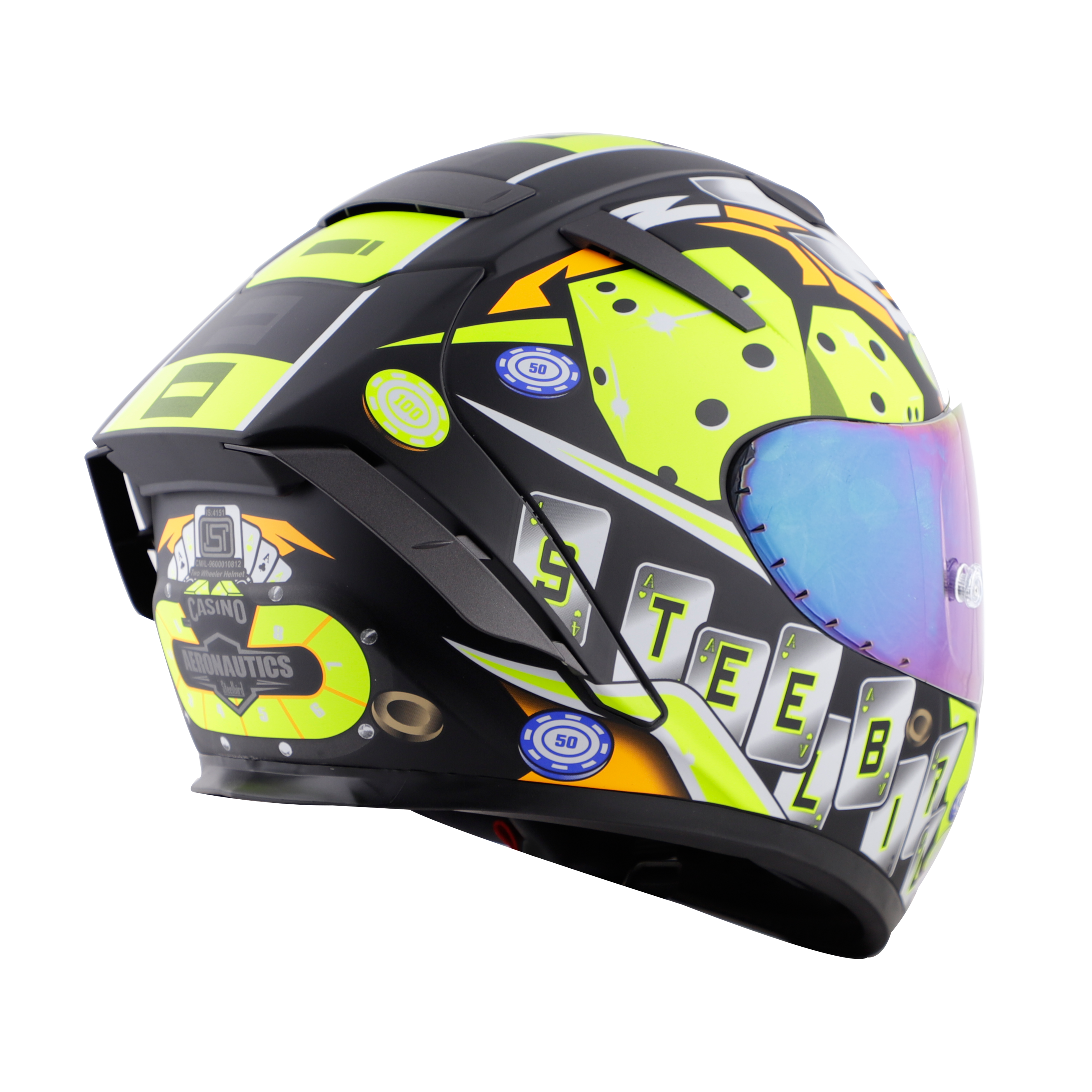 SA-2 CASINO GOLSSY BLACK WITH NEON ( FITTED WITH CLEAR VISOR EXTRA RAINBOW CHROME VISOR FREE WITH ANTI-FOG SHIELD HOLDER)
