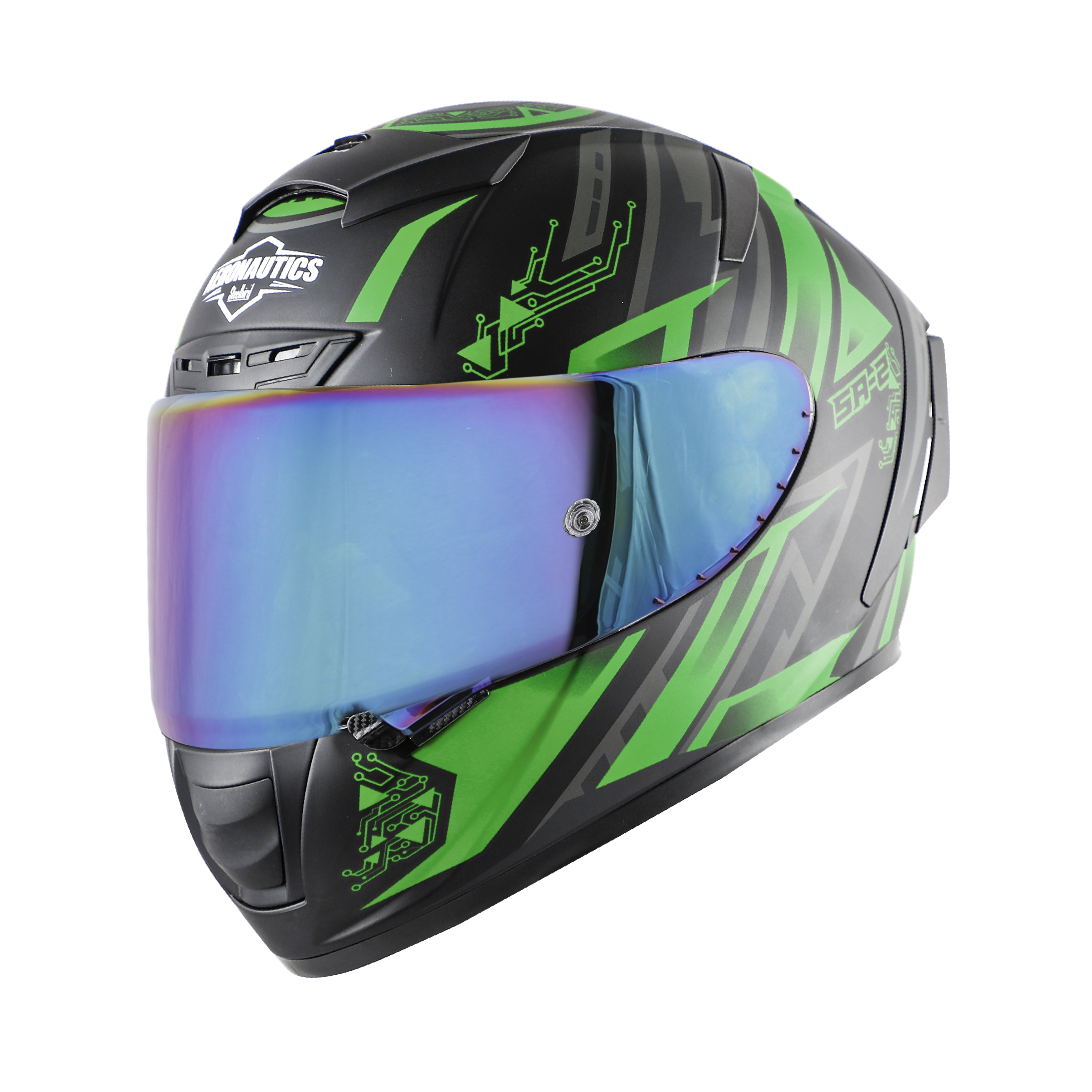 SA-2 ELECTRIC MAT BLACK WITH GREEN (FITTED WITH CLEAR VISOR EXTRA RAINBOW CHROME VISOR FREE WITH ANTI-FOG SHIELD HOLDER)