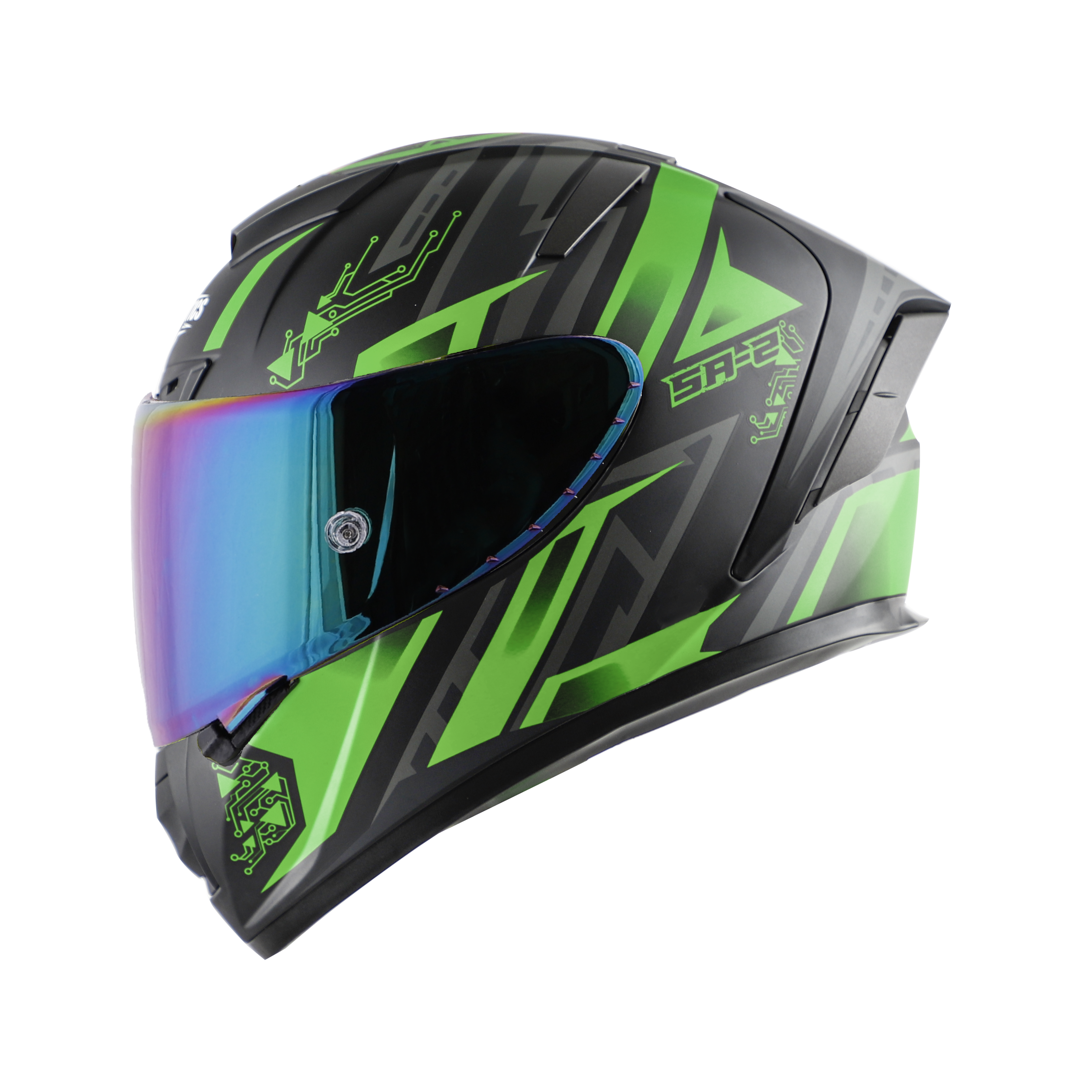 SA-2 ELECTRIC MAT BLACK WITH GREEN (FITTED WITH CLEAR VISOR EXTRA RAINBOW CHROME VISOR FREE WITH ANTI-FOG SHIELD HOLDER)