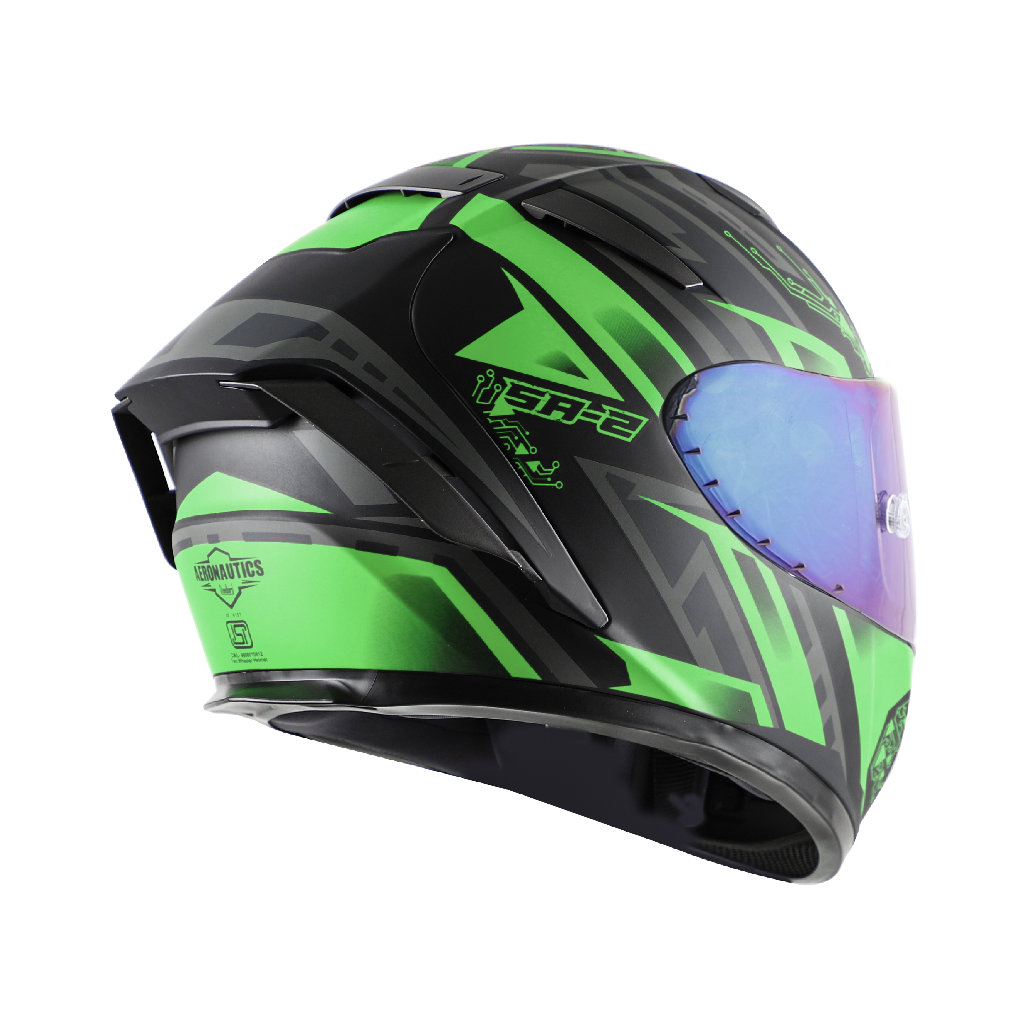 SA-2 ELECTRIC MAT BLACK WITH GREEN (FITTED WITH CLEAR VISOR EXTRA RAINBOW CHROME VISOR FREE WITH ANTI-FOG SHIELD HOLDER)