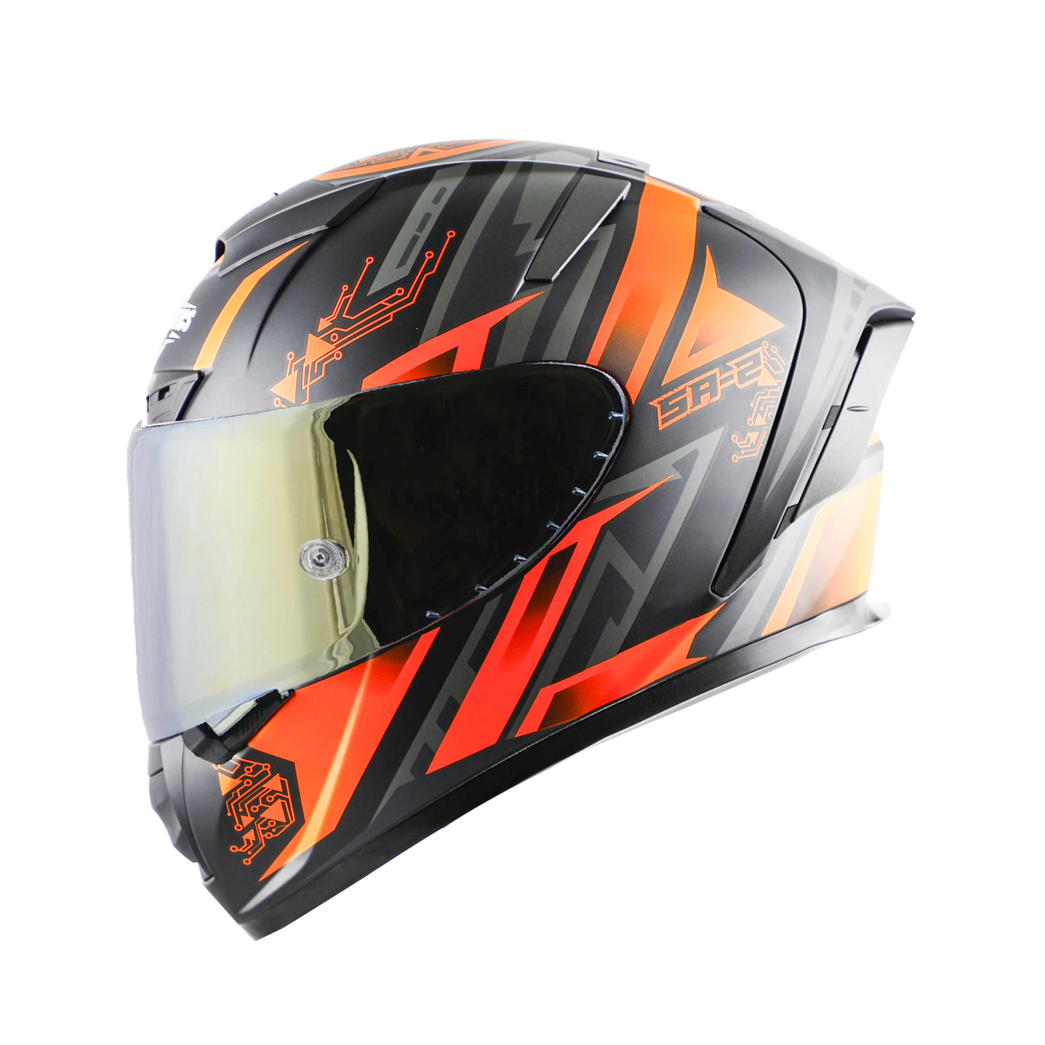 SA-2 ELECTRIC MAT BLACK WITH ORANGE (FITTED WITH CLEAR VISOR EXTRA GOLD CHROME VISOR FREE WITH ANTI-FOG SHIELD HOLDER)