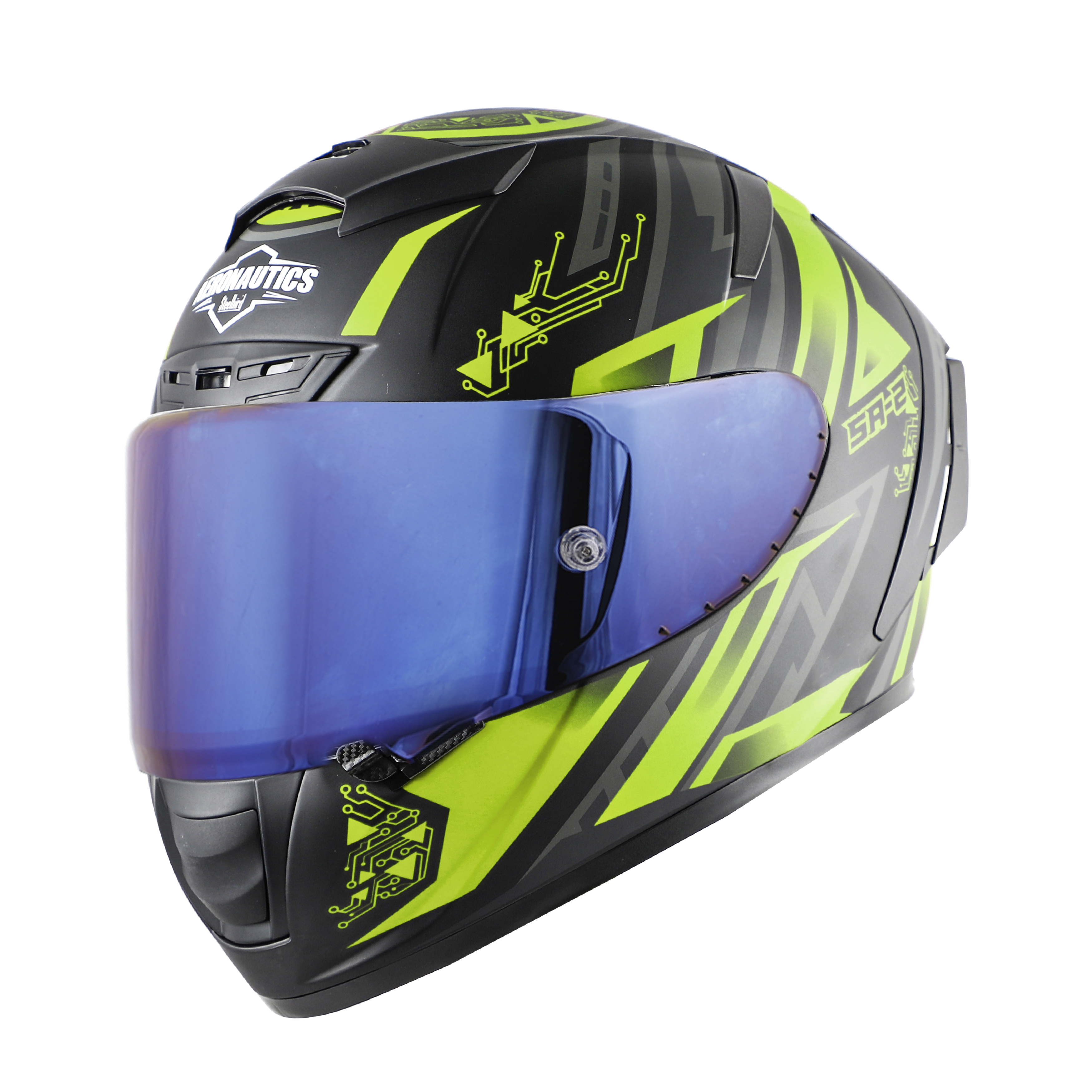 SA-2 ELECTRIC MAT BLACK WITH NEON (FITTED WITH CLEAR VISOR EXTRA BLUE CHROME VISOR FREE WITH ANTI-FOG SHIELD HOLDER)