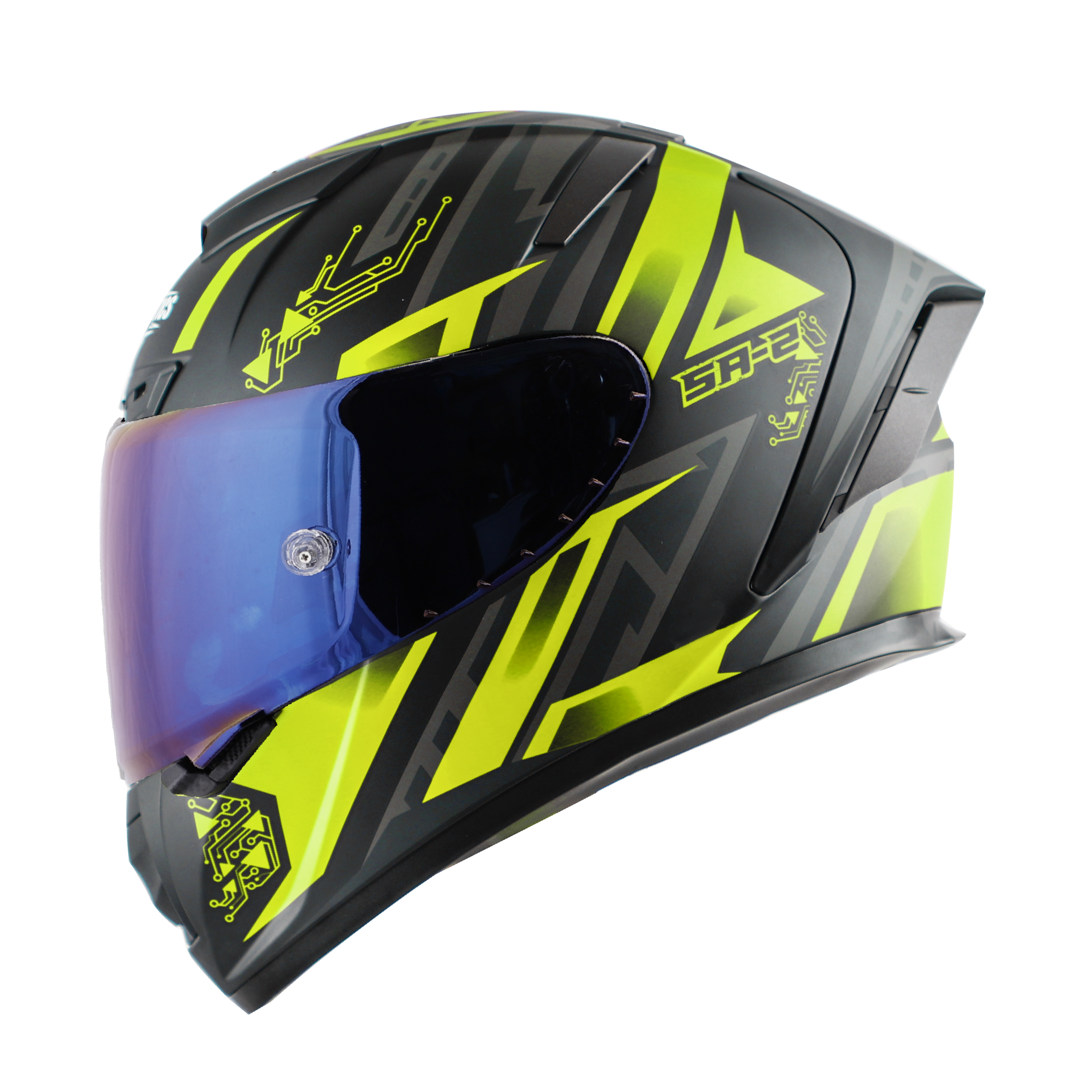 SA-2 ELECTRIC MAT BLACK WITH NEON (FITTED WITH CLEAR VISOR EXTRA BLUE CHROME VISOR FREE WITH ANTI-FOG SHIELD HOLDER)