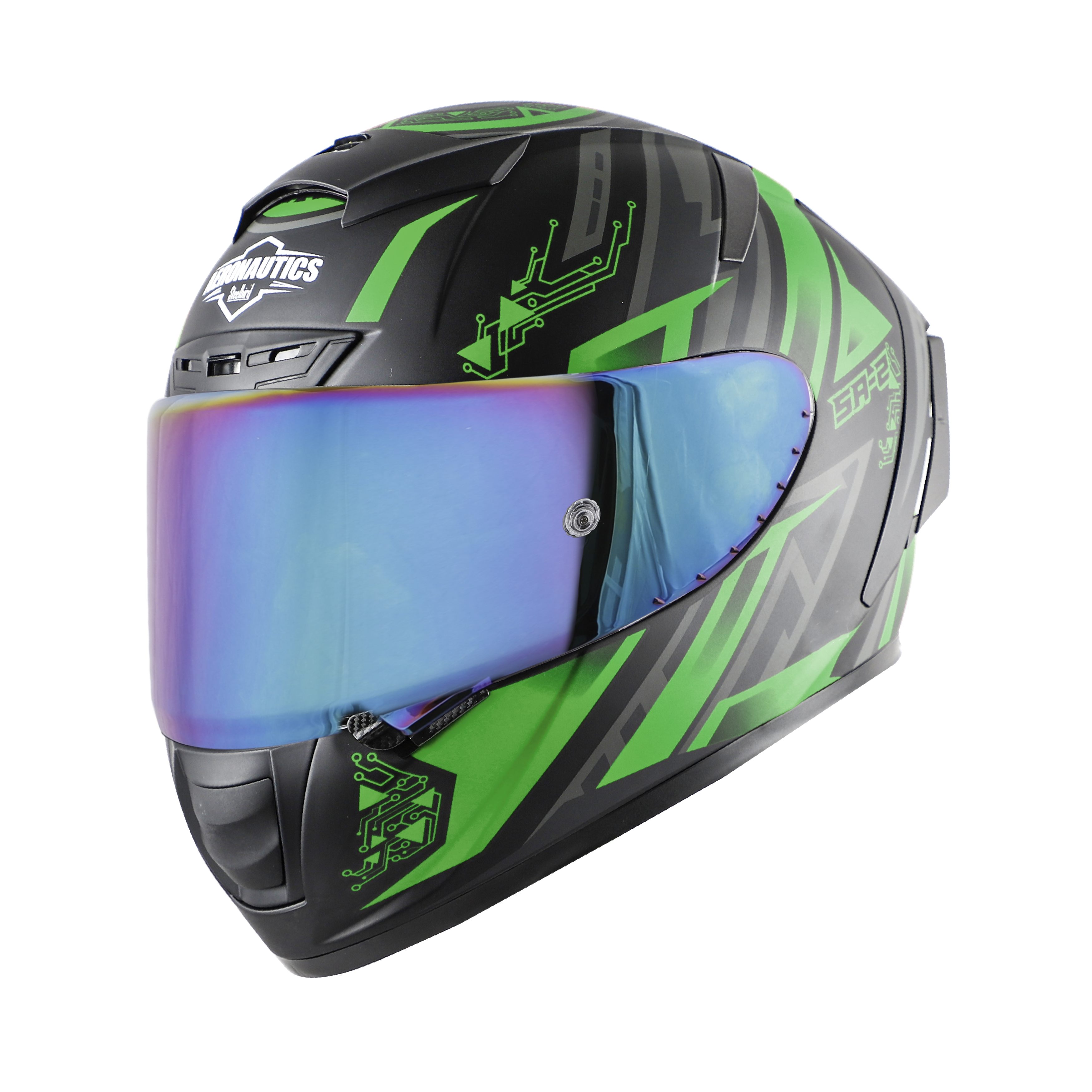 SA-2 ELECTRIC GLOSSY BLACK WITH GREEN (FITTED WITH CLEAR VISOR EXTRA RAINBOW CHROME VISOR FREE WITH ANTI-FOG SHIELD HOLDER)