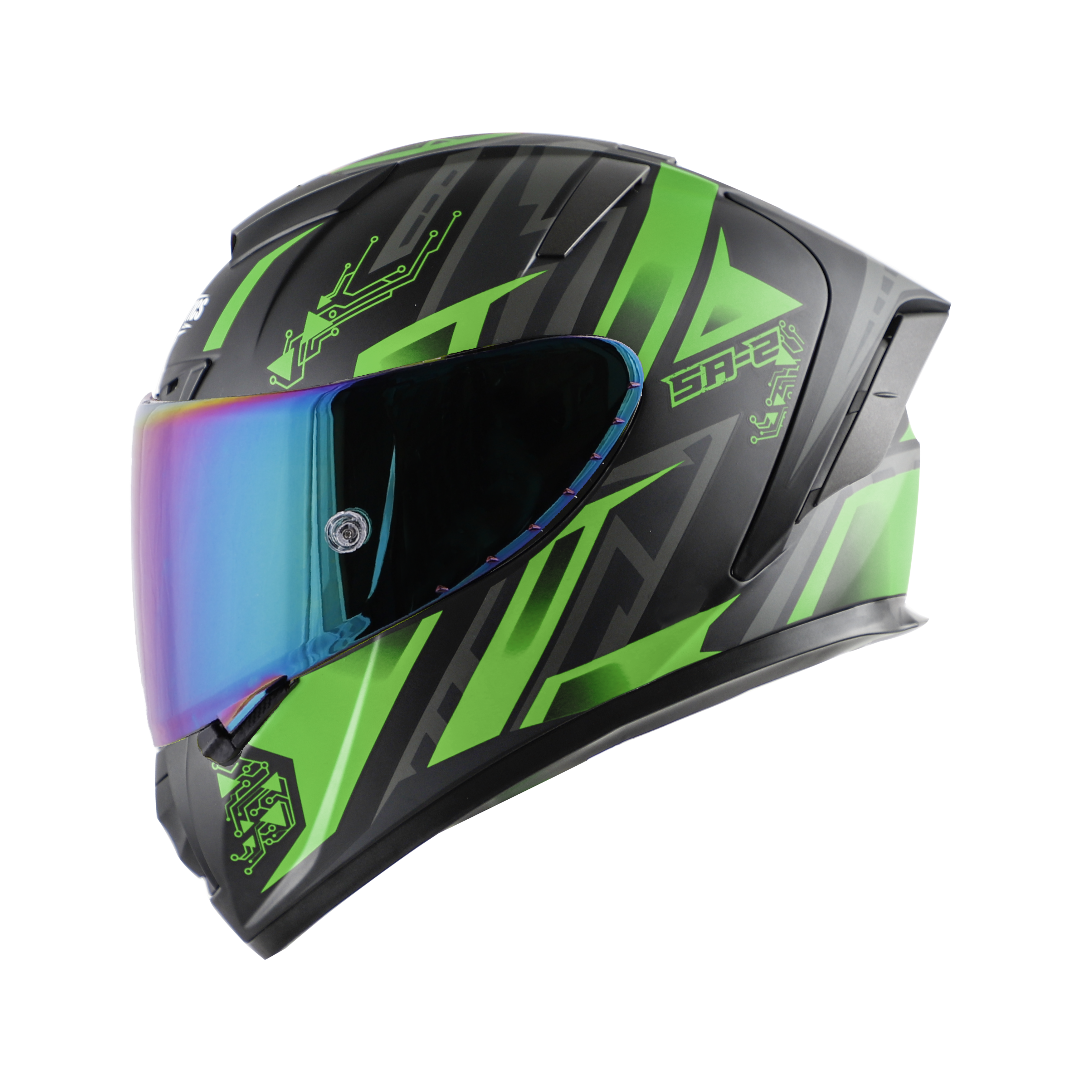 SA-2 ELECTRIC GLOSSY BLACK WITH GREEN (FITTED WITH CLEAR VISOR EXTRA RAINBOW CHROME VISOR FREE WITH ANTI-FOG SHIELD HOLDER)