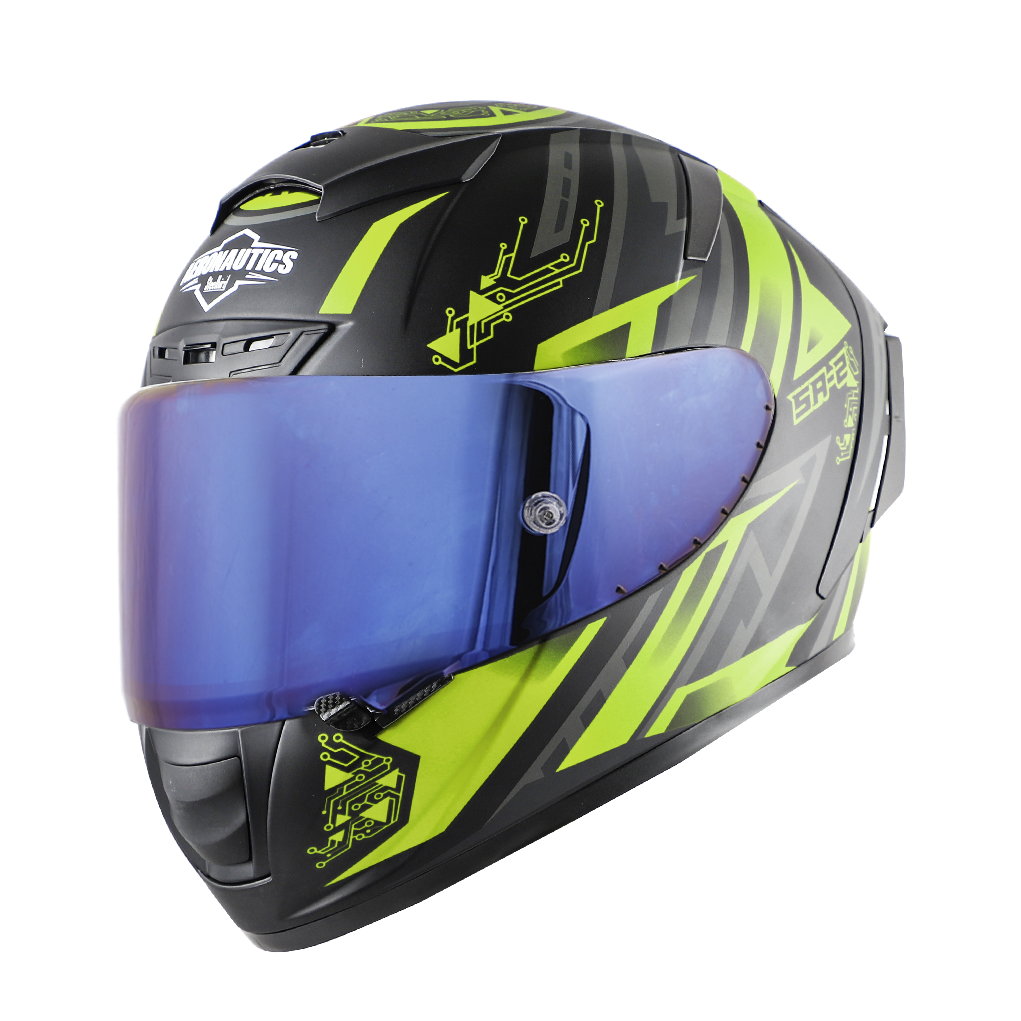 SA-2 ELECTRIC GLOSSY BLACK WITH NEON (FITTED WITH CLEAR VISOR EXTRA BLUE CHROME VISOR FREE WITH ANTI-FOG SHIELD HOLDER)