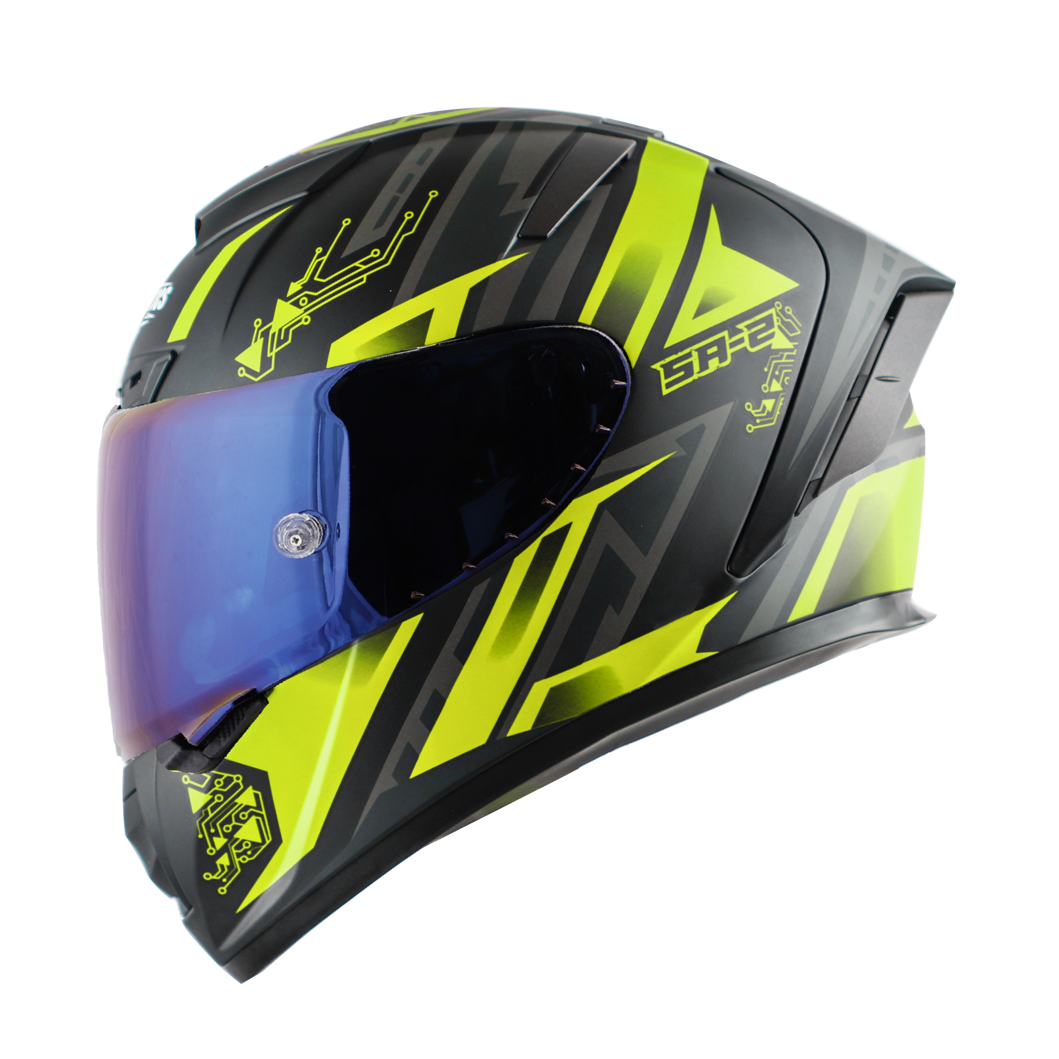 SA-2 ELECTRIC GLOSSY BLACK WITH NEON (FITTED WITH CLEAR VISOR EXTRA BLUE CHROME VISOR FREE WITH ANTI-FOG SHIELD HOLDER)