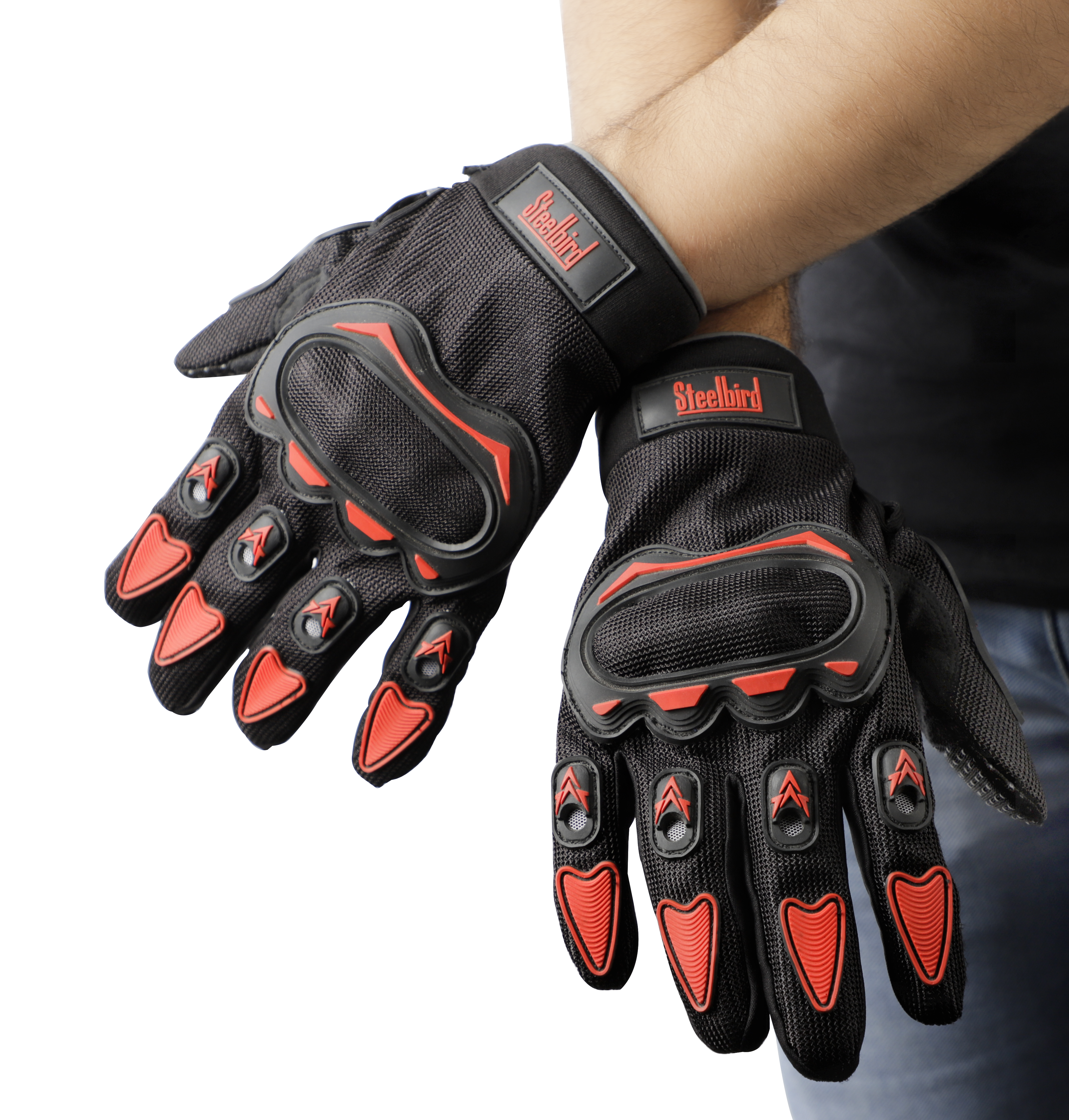 Steelbird Full Finger Bike Riding Gloves With Touch Screen Sensitivity At Thumb And Index Finger, Protective Off-Road Motorbike Racing (Red)